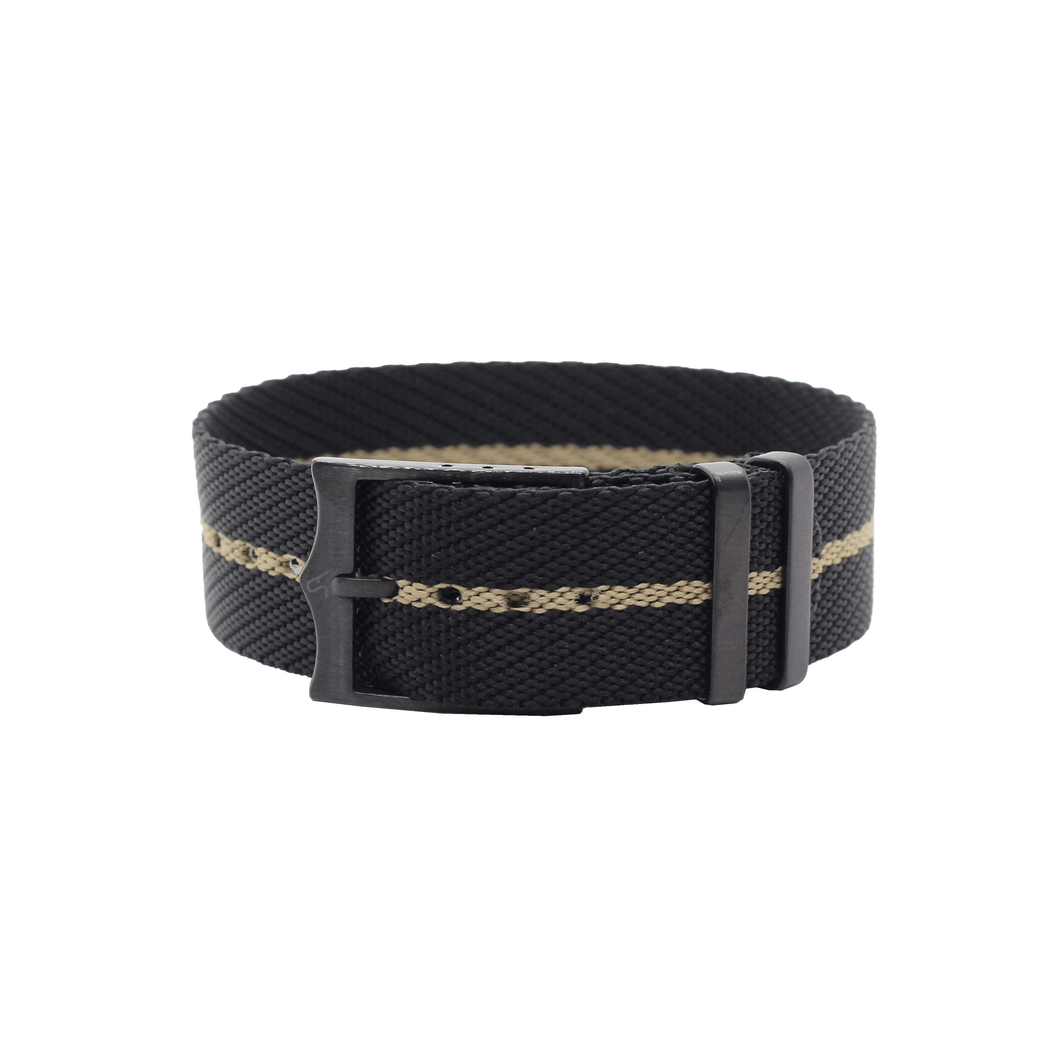 Black and wheat canvas military web belt with black metal buckle and adjustable fit