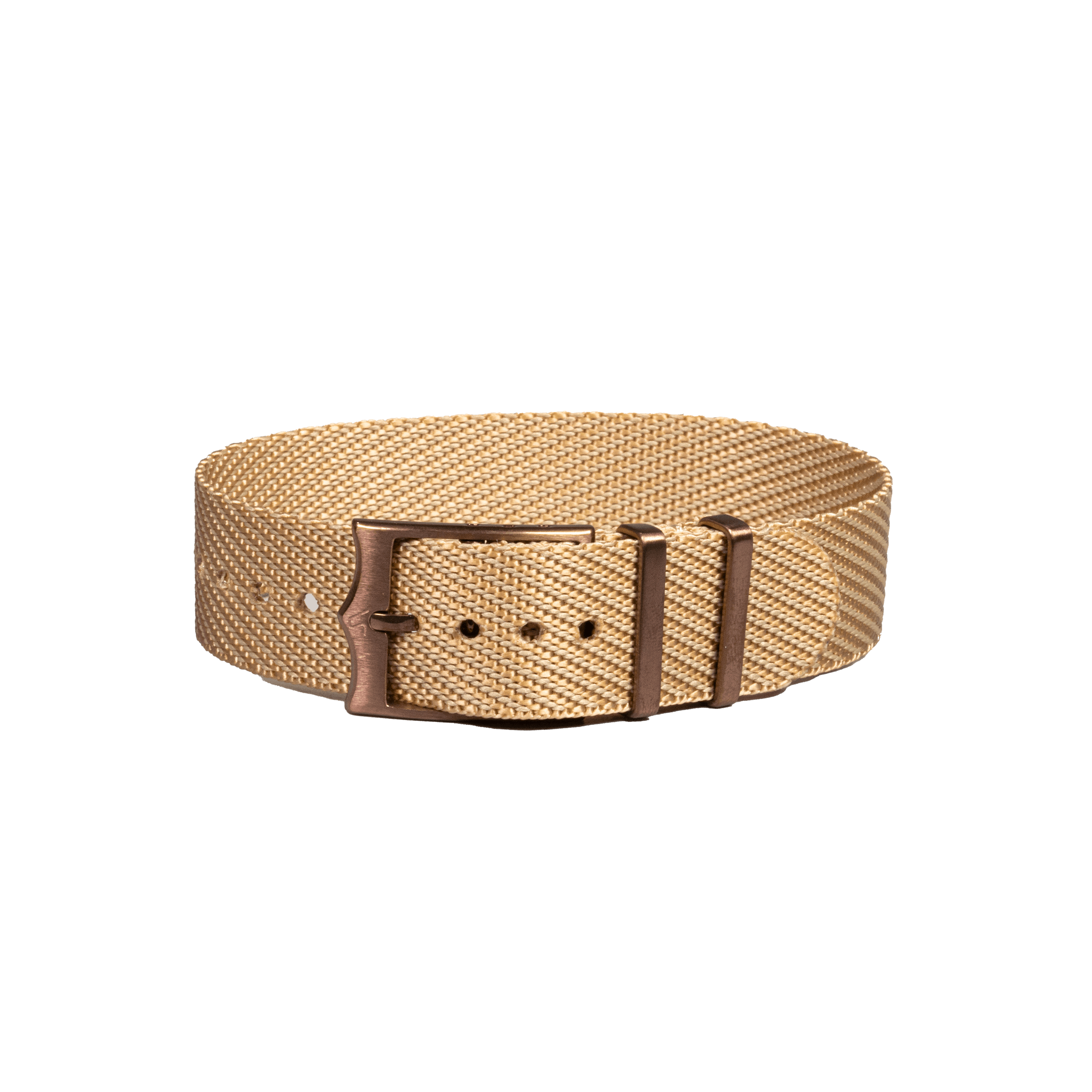 Beige canvas military-style belt with bronze buckle and adjustable fit for men and women