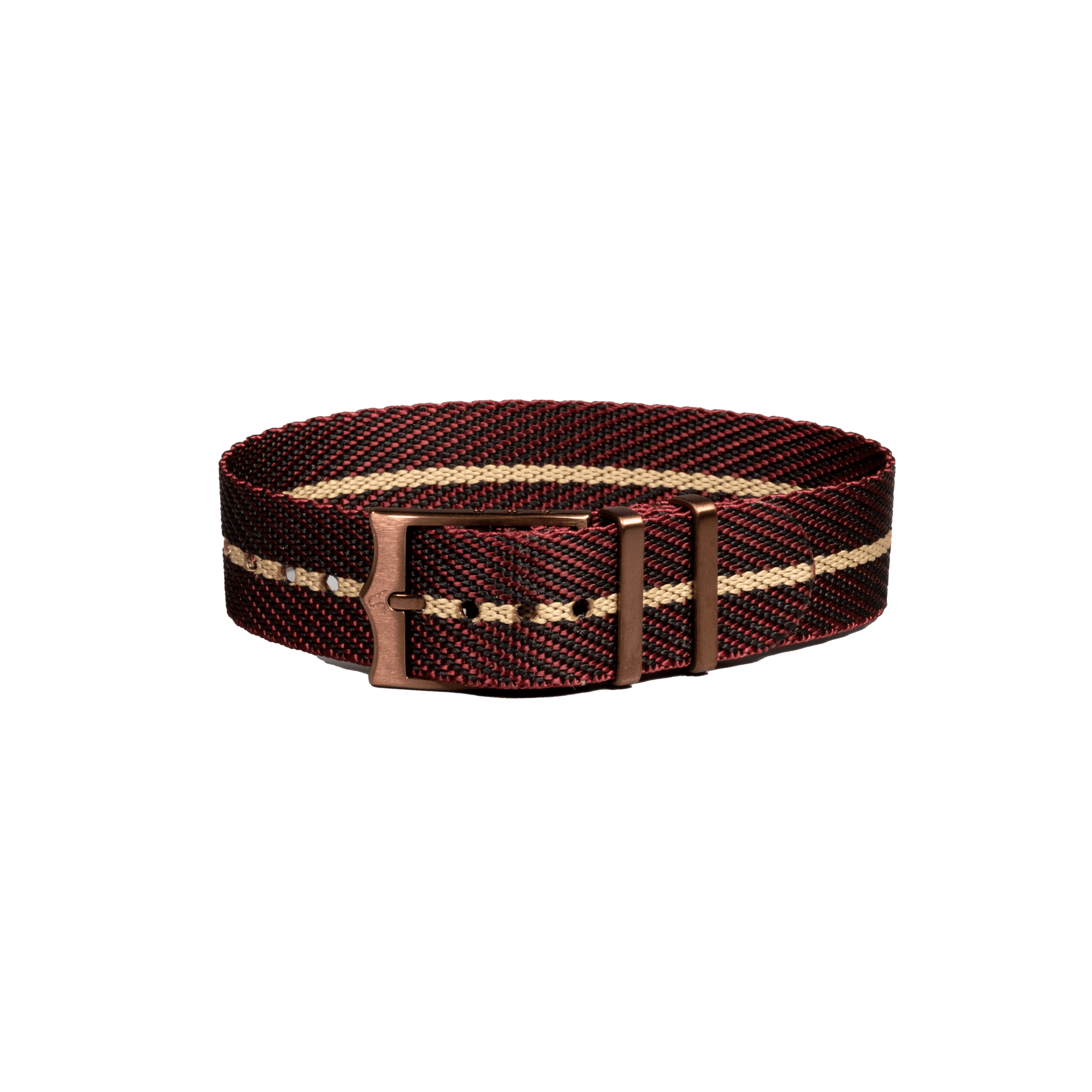 Adjustable Cross Militex canvas belt in wine red with wheat stripes and bronze metal buckle hardware