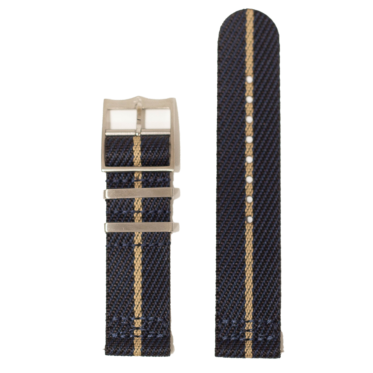 Black and gold canvas watch strap with brushed metal buckle and keepers for Fitbit Versa and Sense smartwatches