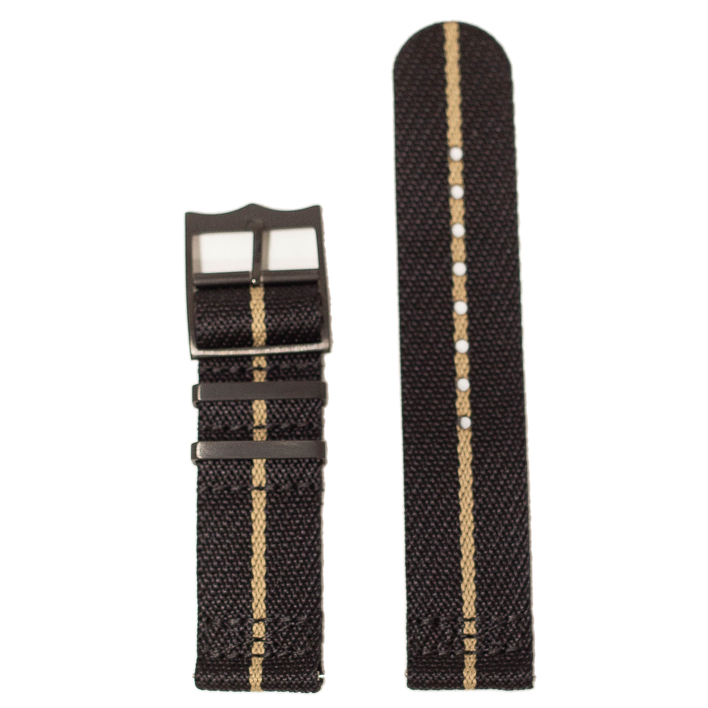 Black fabric watch band with tan stripe and black hardware buckle, quick release cross militex design