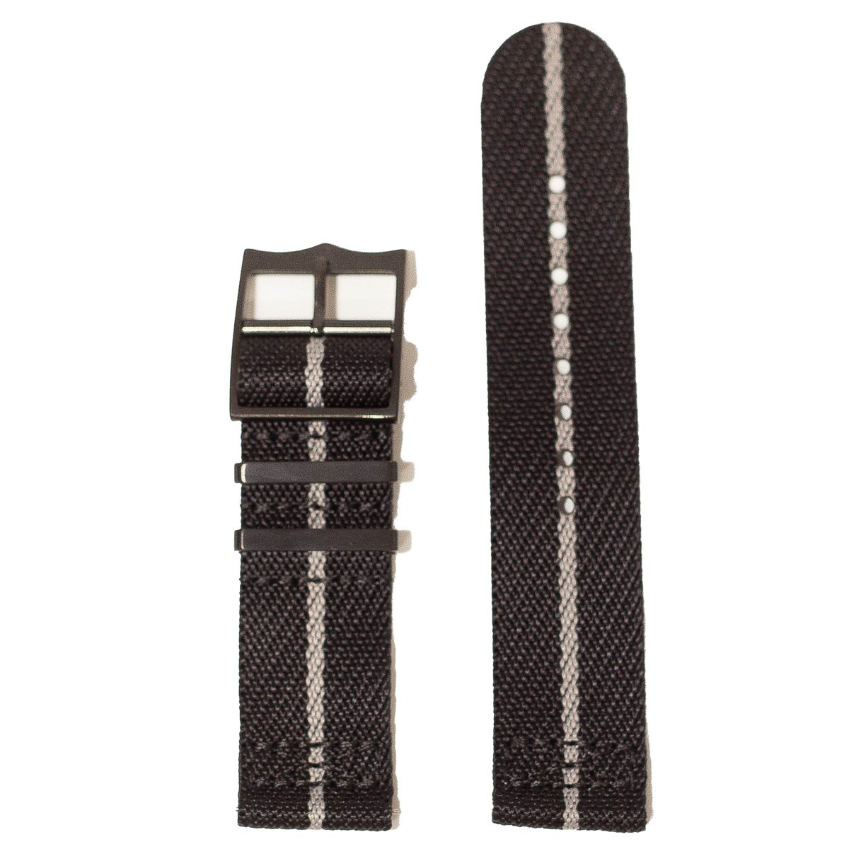 Black and grey military-style fabric watch band with white center stripe and black buckle for Fitbit Versa and Sense watches