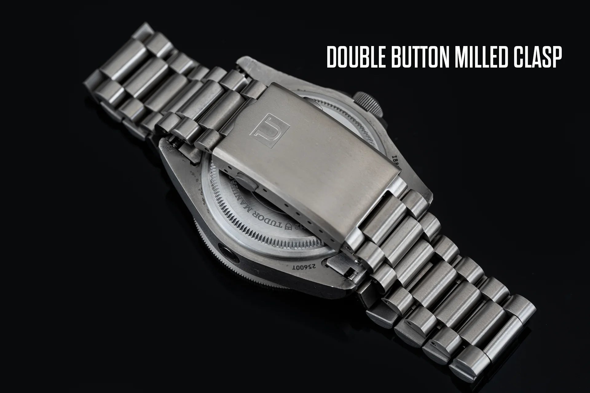 Titanium bracelet with double button milled clasp for Tudor Pelagos 39mm watch, featuring solid links and brushed finish