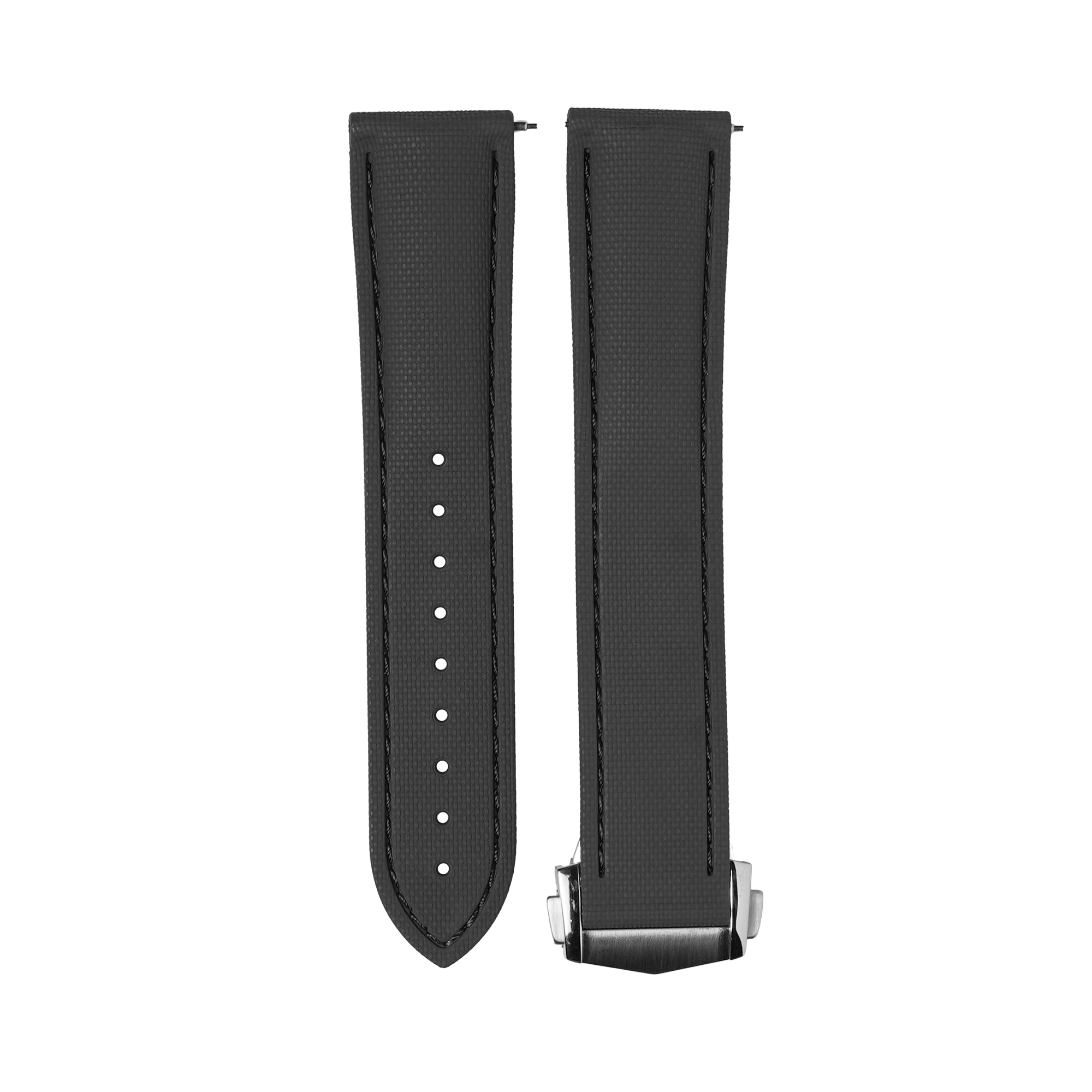 Black textured FKM rubber quick release watch strap with white stitching and adjustment holes