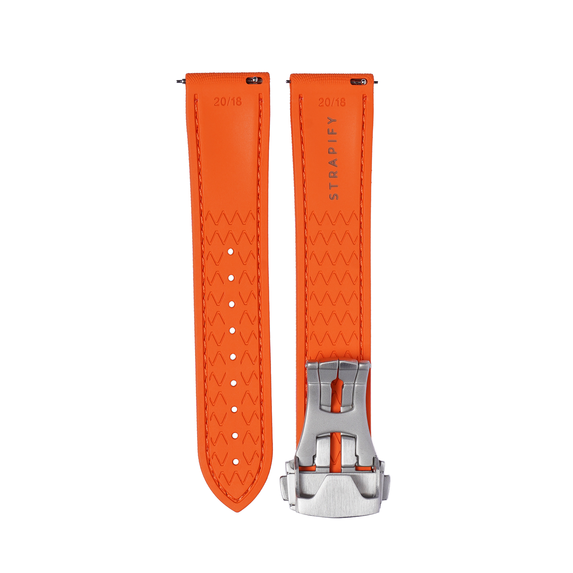 Orange textured rubber watch strap 20/16mm with quick release mechanism and stainless steel clasp