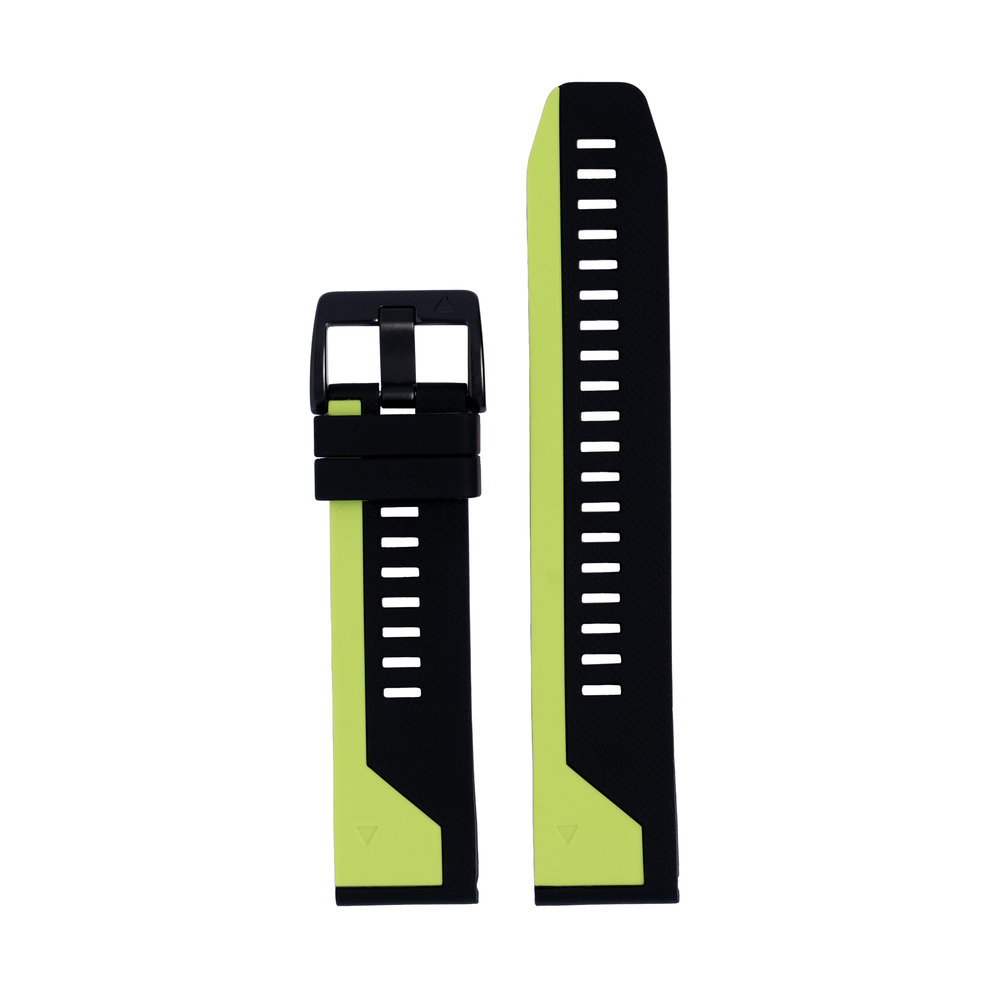 Lime green and black asymmetric silicone watch strap with quick-fit connector and white index markers