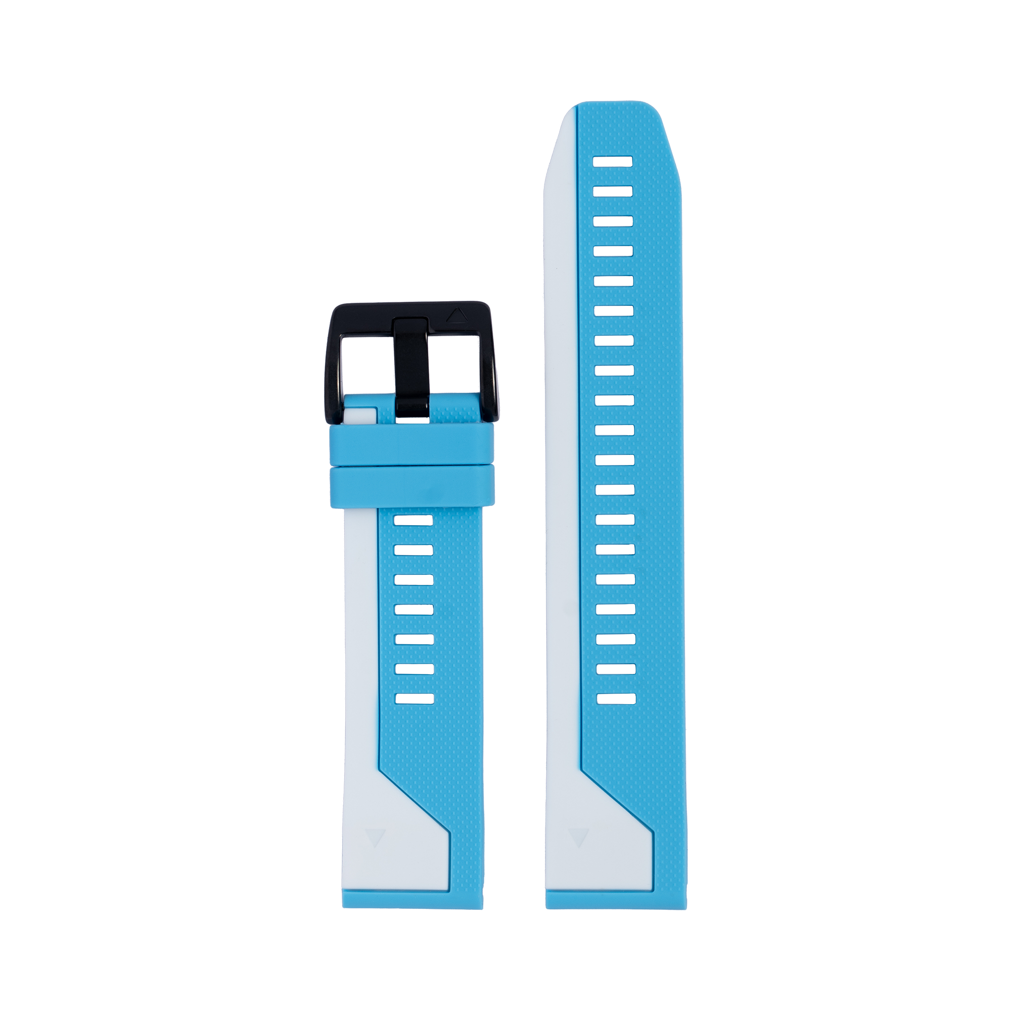 Blue and white asymmetric silicone watch band with white measurement markings and black buckle closure
