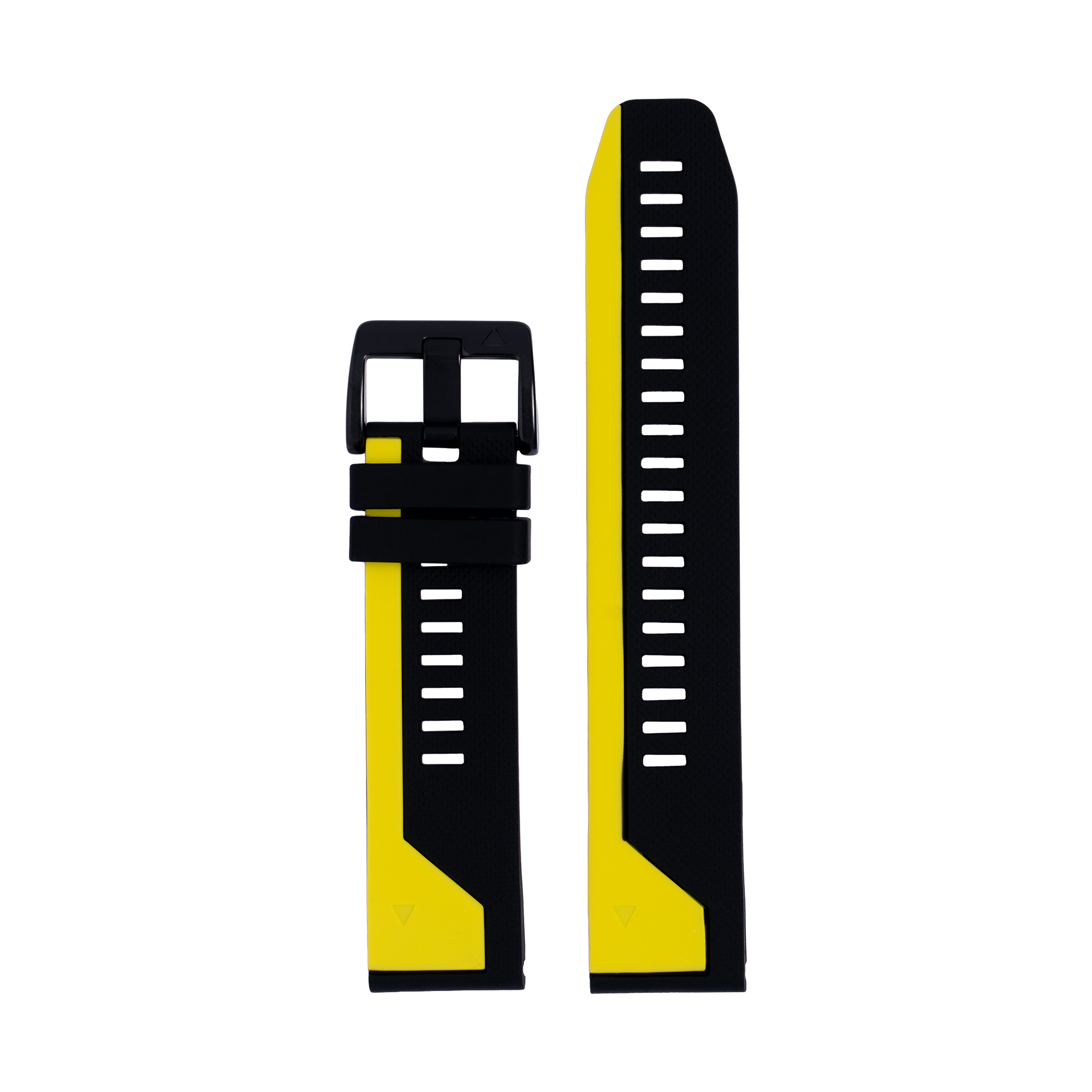 Black and yellow silicone watch band with quick-fit connector and measurement markings, shown assembled and unassembled