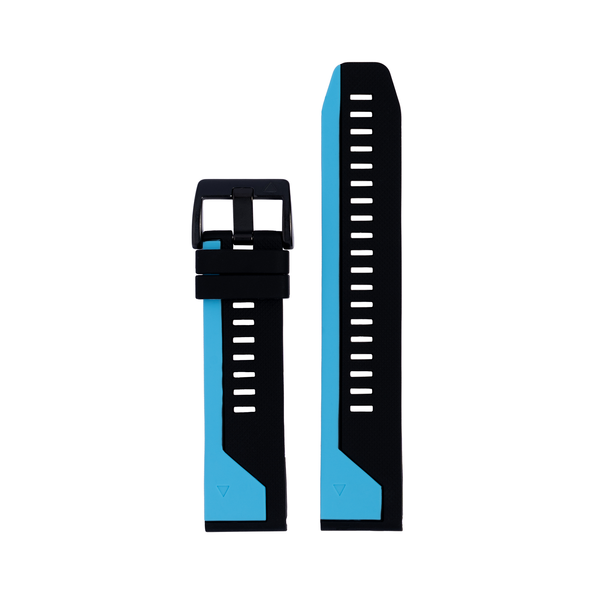 Blue and black asymmetric silicone watch band with quick-fit connector and timing markers