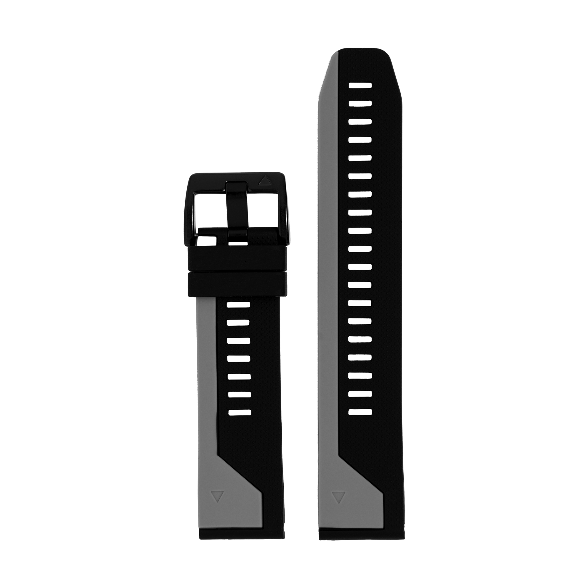 Black silicone watch band with asymmetric design, quick-fit connector, and white hash mark indicators for sizing and adjustment