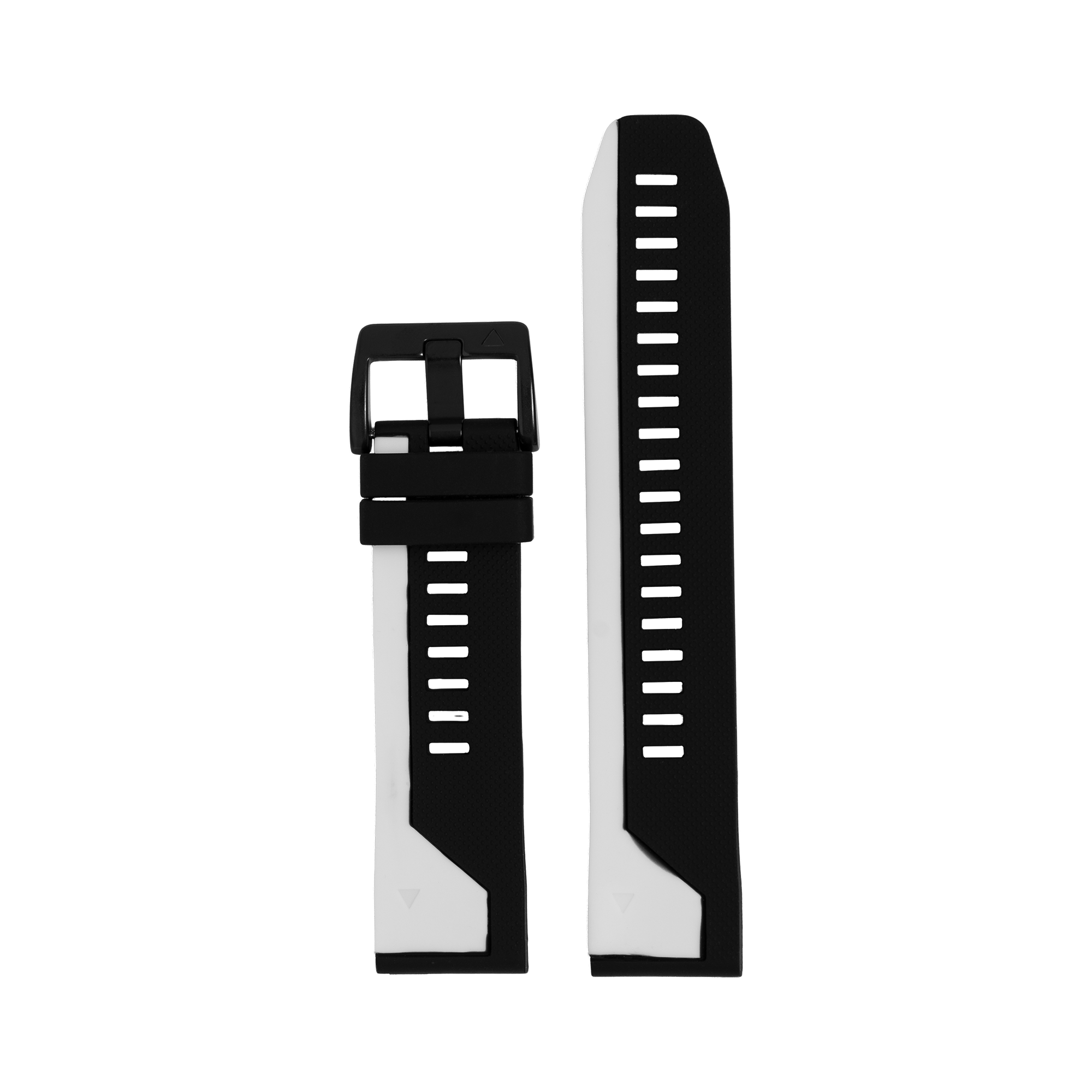 Black and white silicone watch band with asymmetric design, quick-release buckle, and textured grip detail