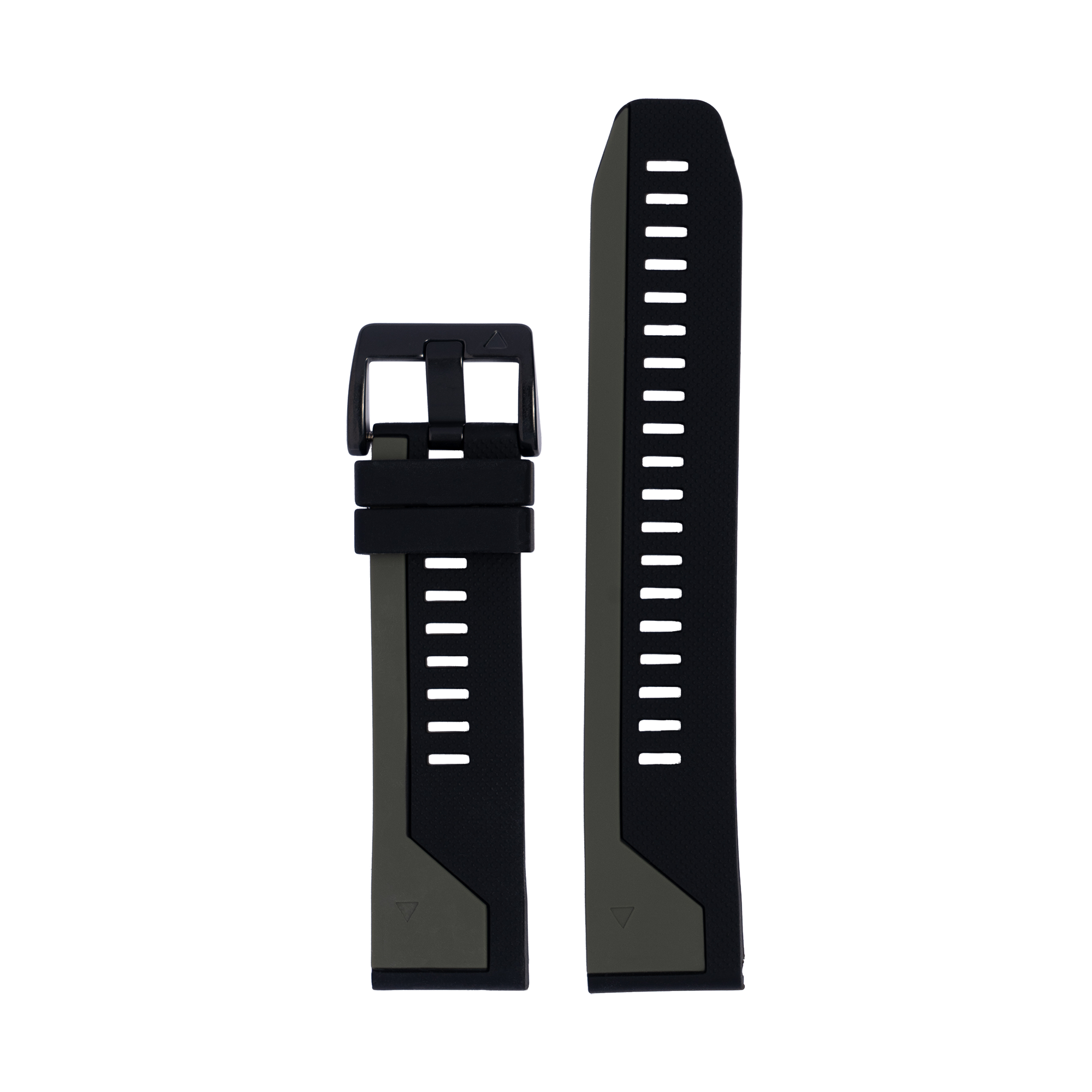 Black silicone watch band with asymmetric design, white dash markers, and quick-release buckle closure for sports watches