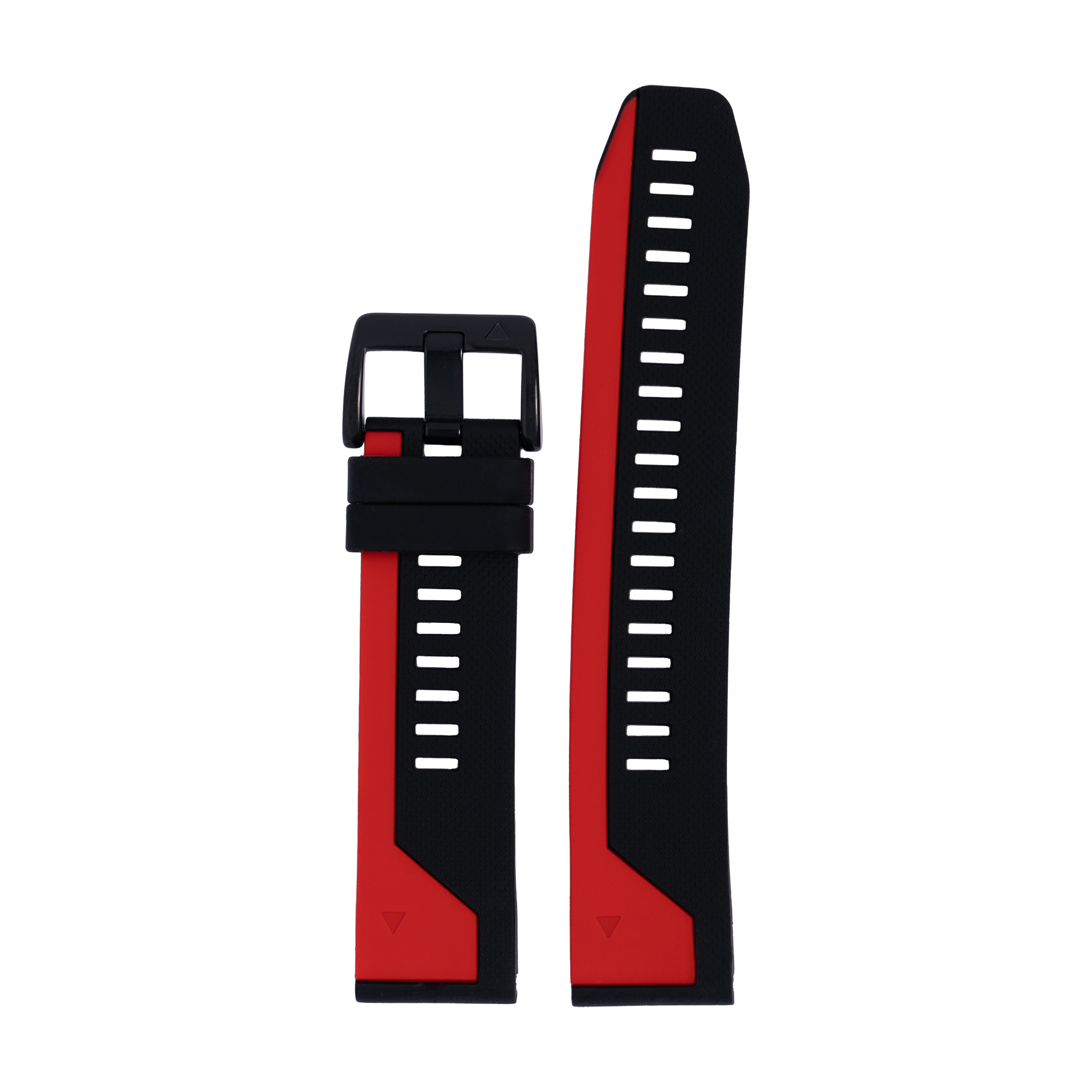Red and black asymmetric silicone watch band with quick-fit connector and white hash mark sizing indicators