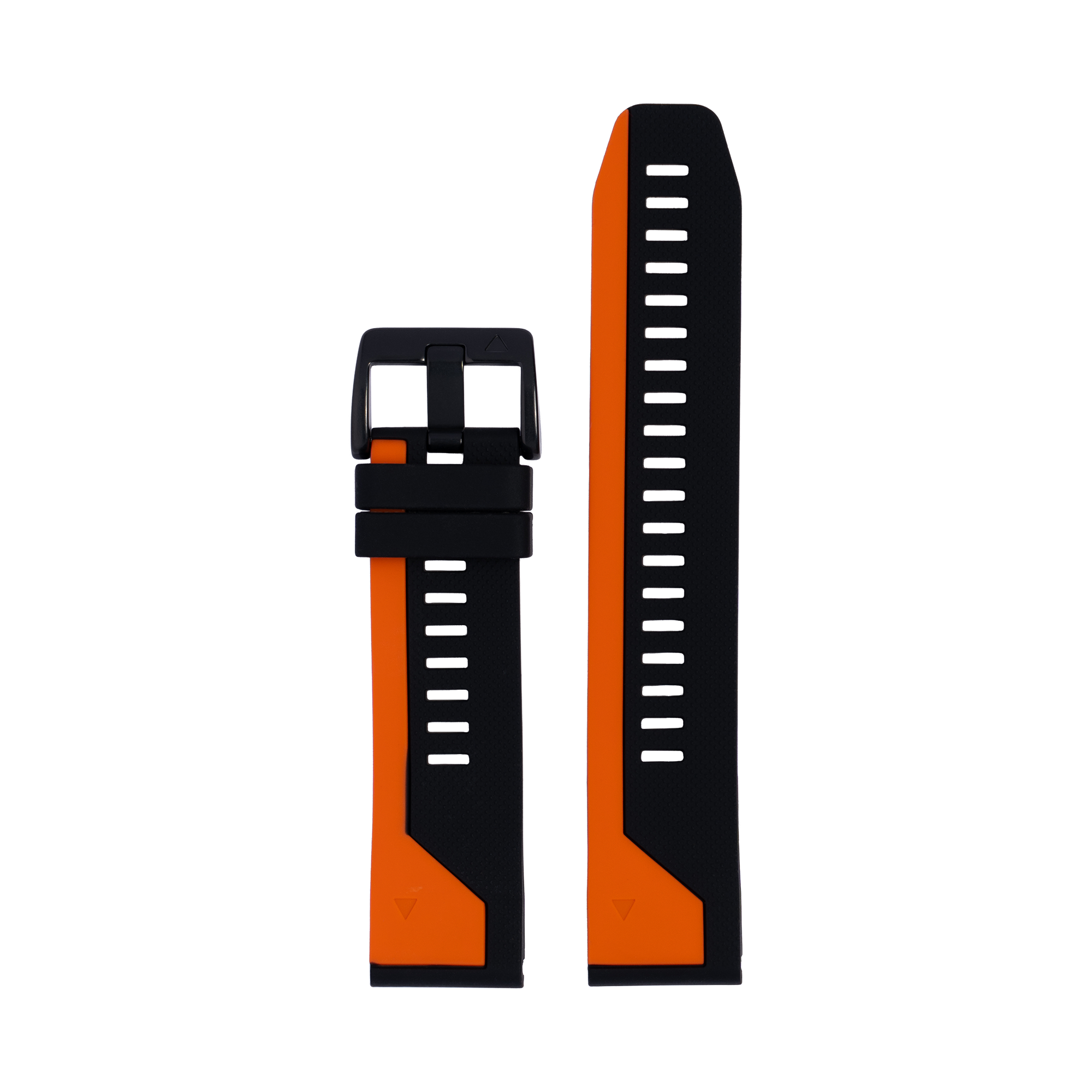 Orange and black silicone watch band with quick-fit buckle and adjustment holes, shown extended and attached