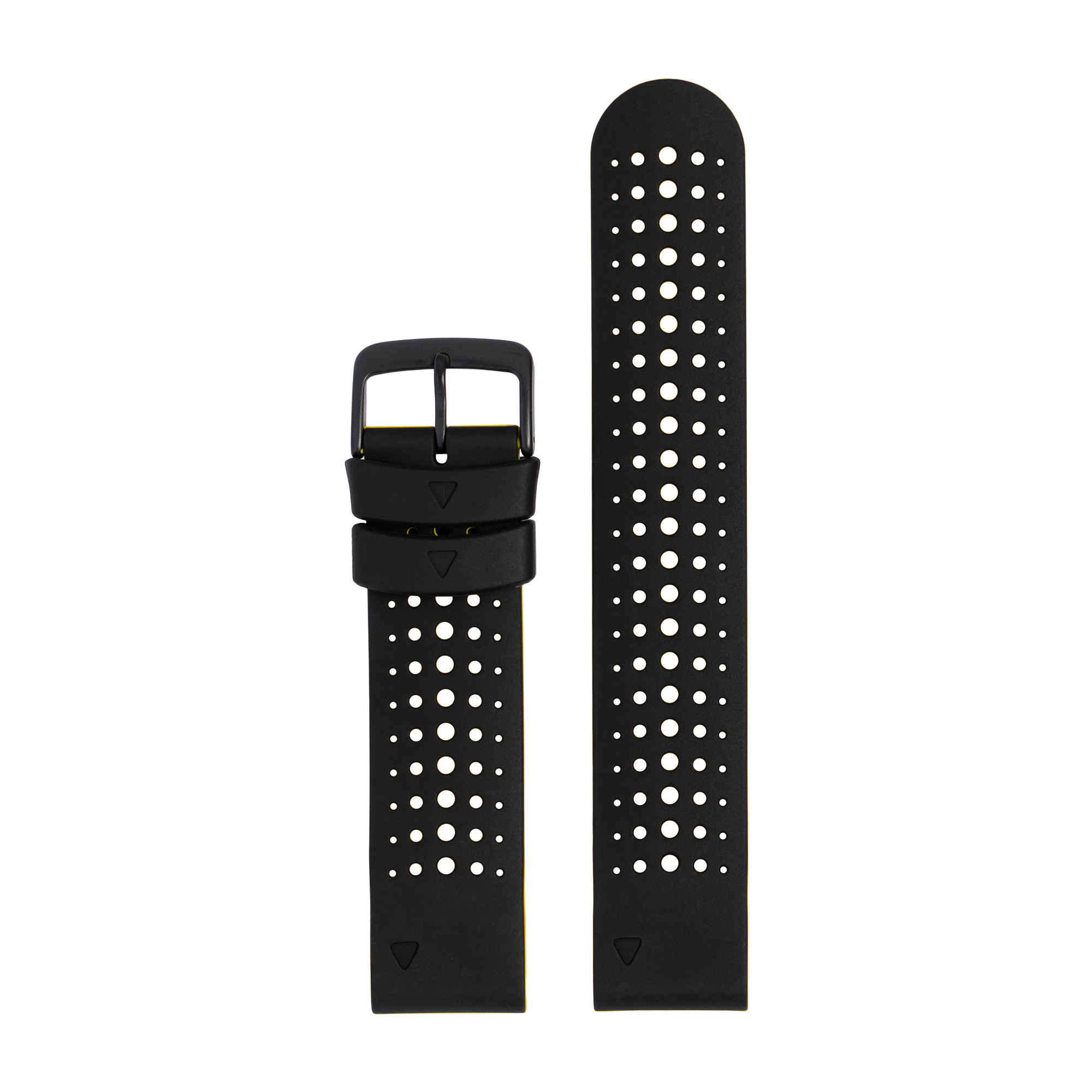 Black perforated silicone sports watch band with quick-fit buckle and adjustable strap