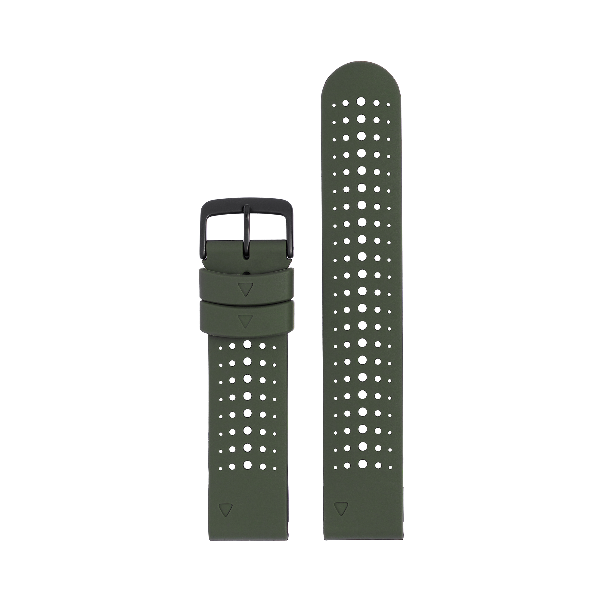 Olive green perforated silicone sports watch band with quick-fit buckle and black hardware
