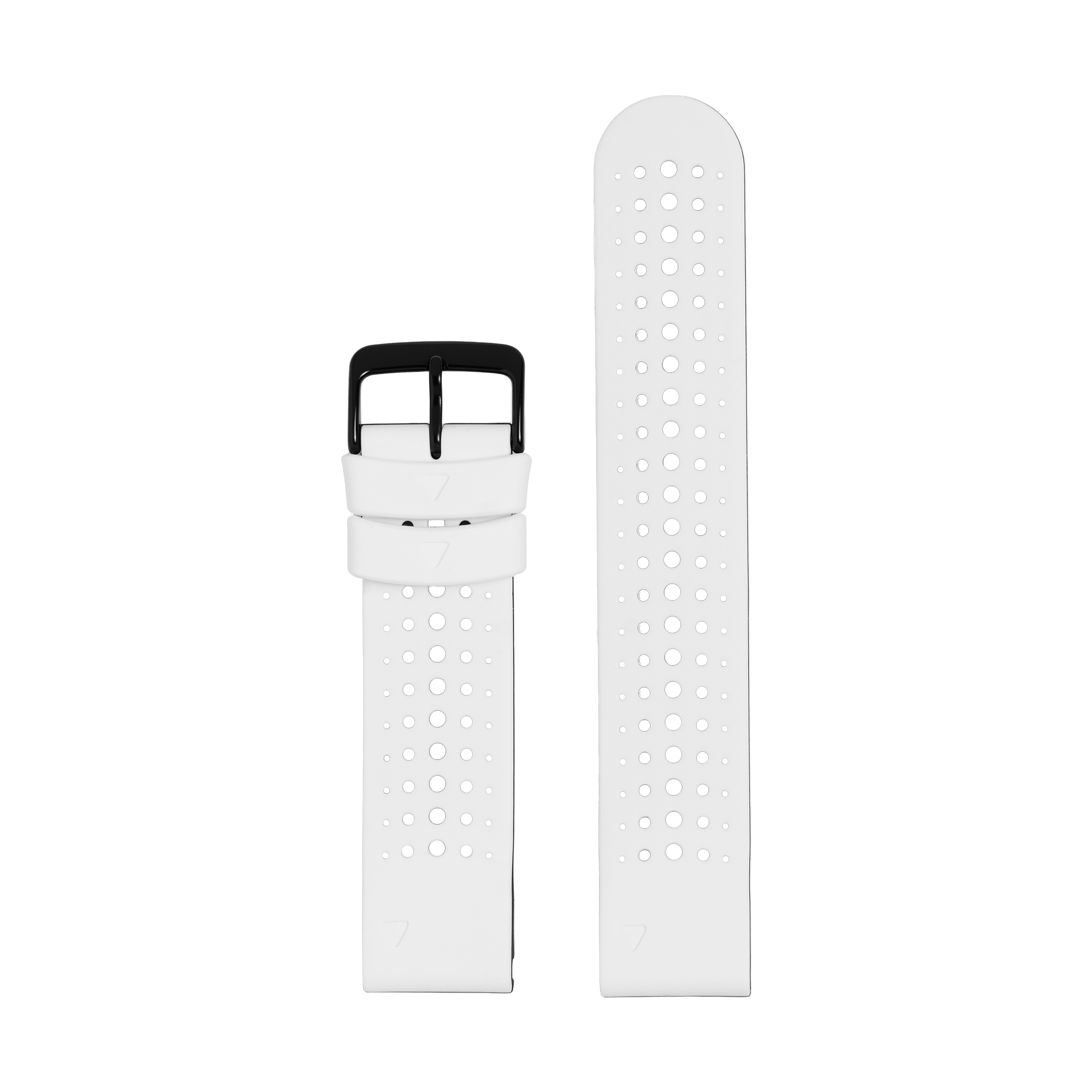 White perforated silicone sports watch strap with black buckle and quick-release mechanism