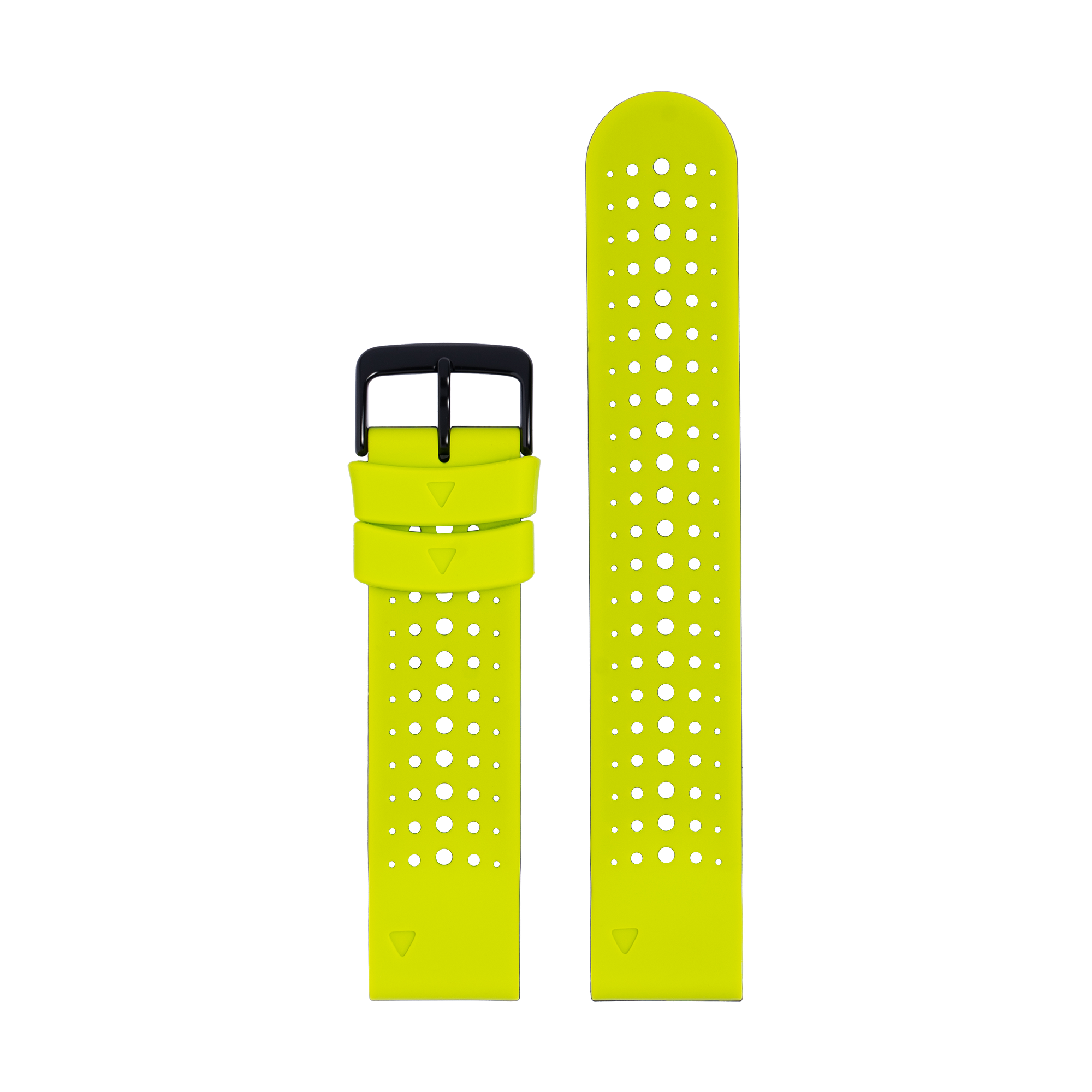 Bright lime green QuickFit silicone sports watch band with perforated design and black buckle, shown full length and coiled