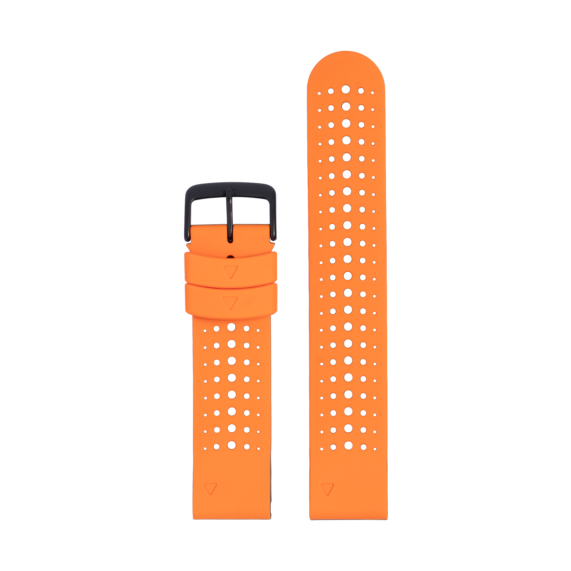 Orange perforated silicone sports watch strap with black buckle and adjustable fastening system