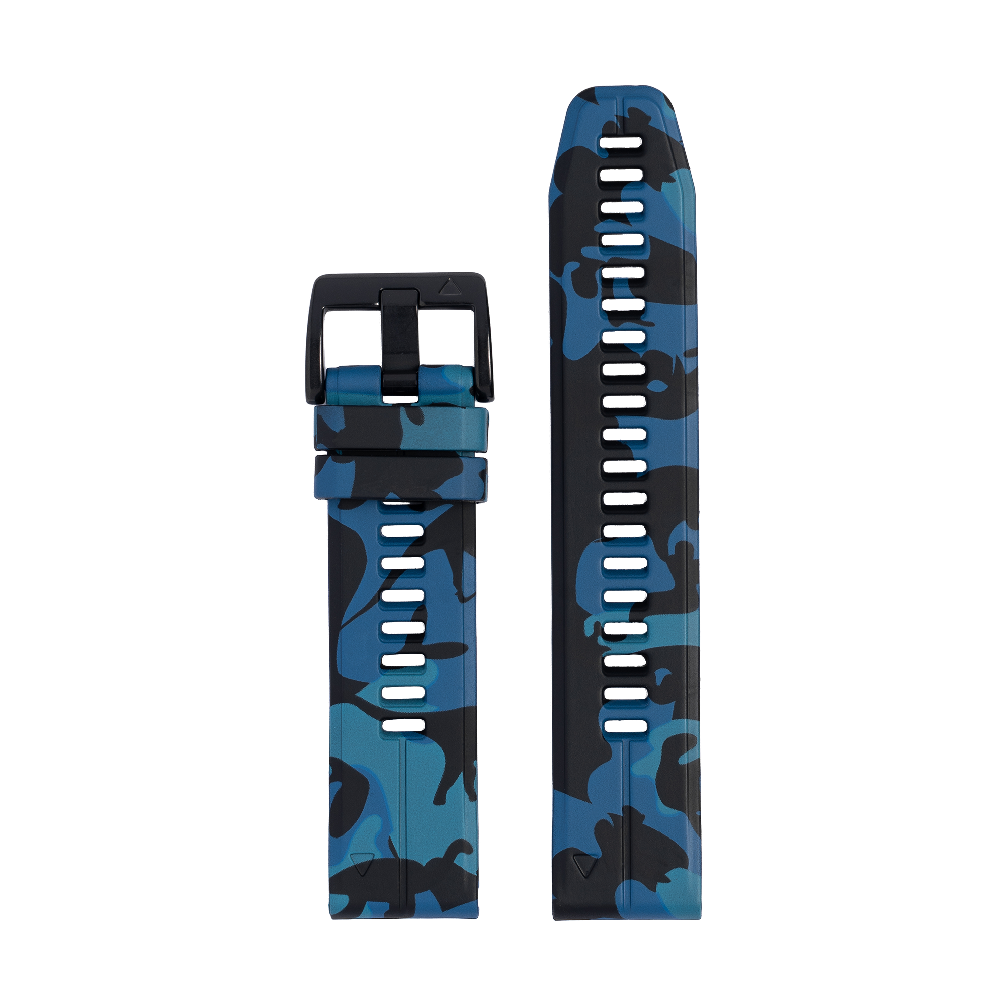 Blue and black camouflage silicone watch band with white ventilation holes and quick-fit connector for sports watches