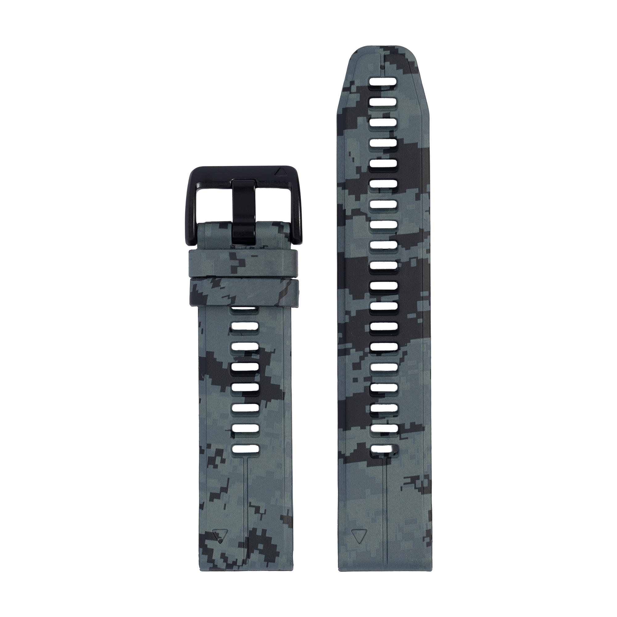 Digital camo silicone watch band with white slot holes and black buckle, shown in two sizes