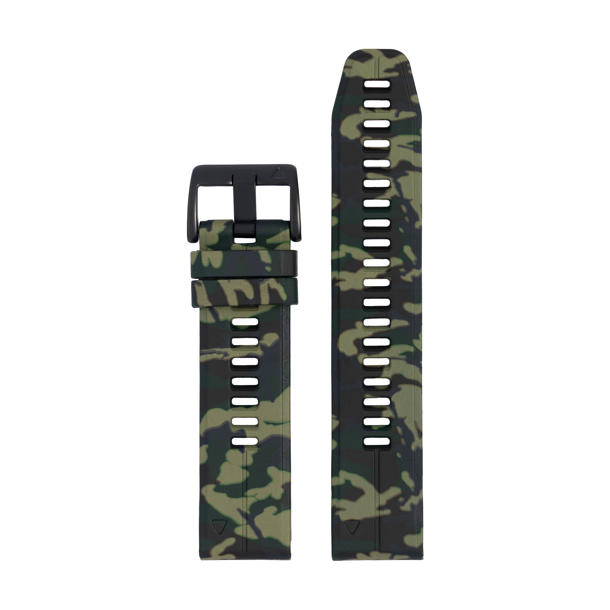 Camo army green silicone watch band with quick-fit system and black buckle, shown assembled and disassembled