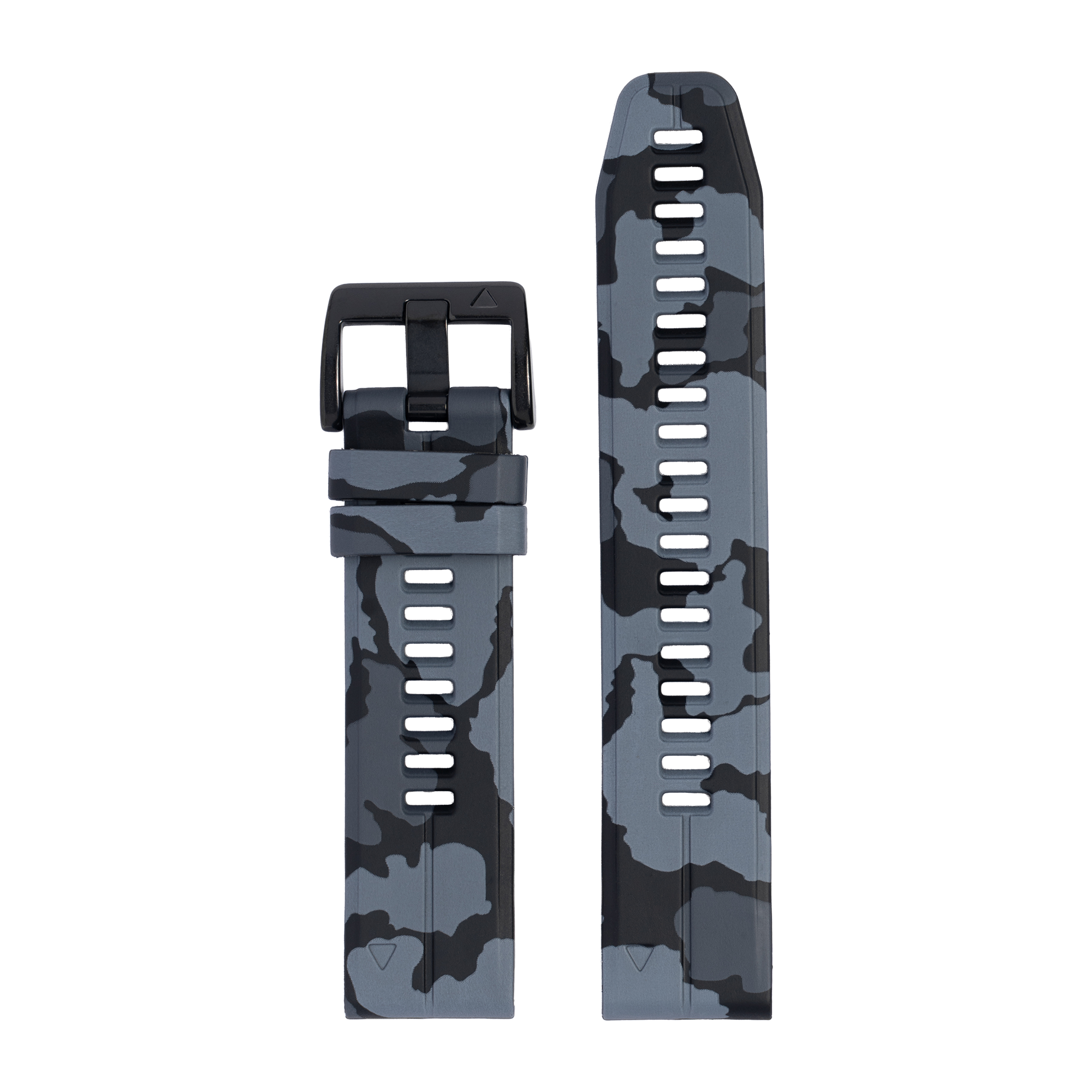 QuickFit Flexi silicone watch band in dark grey camouflage pattern with white ventilation slots and black buckle closure