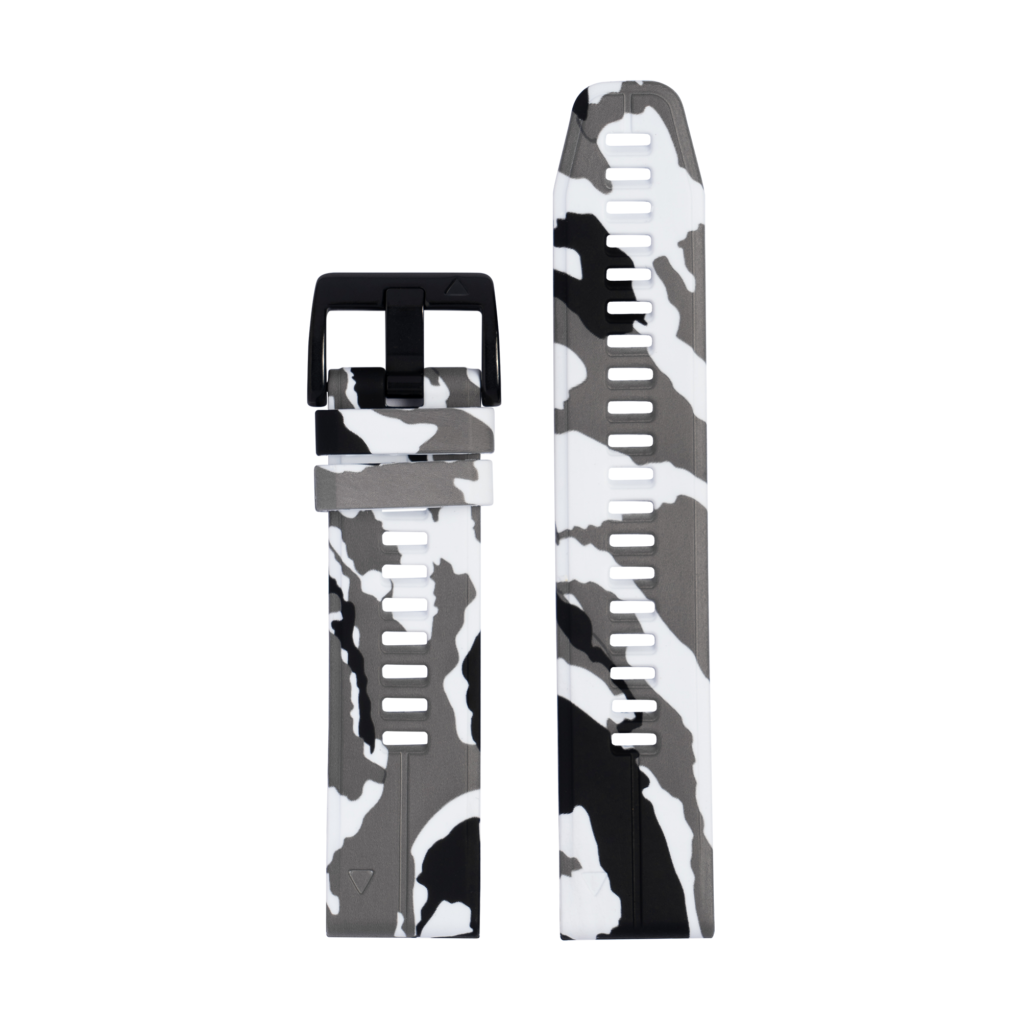 QuickFit Flexi Silicone camouflage watch band in white, gray and black camo pattern with quick-release connector