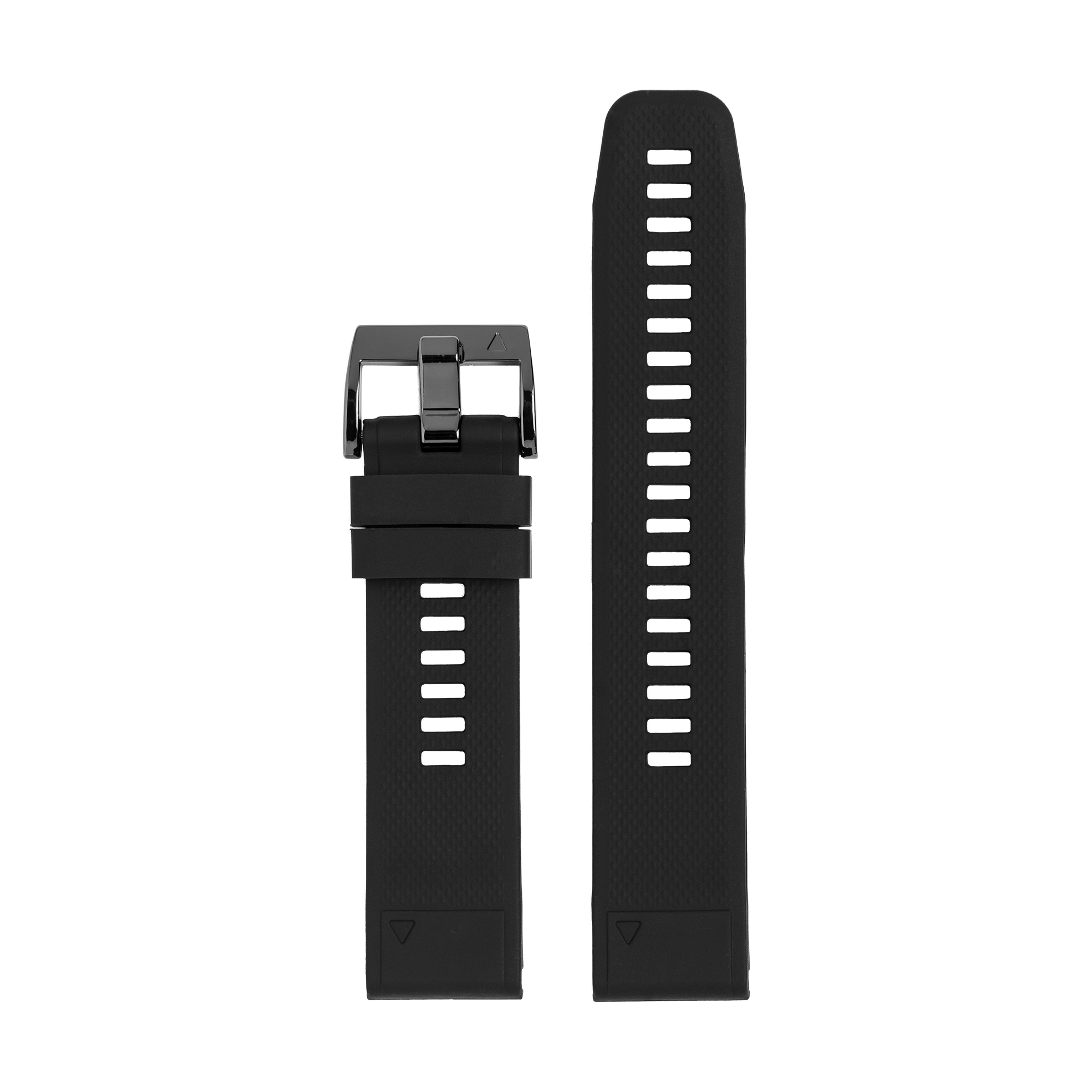 Black silicone watch band with white hash markers and metal buckle clasp for quick-fit replacement straps