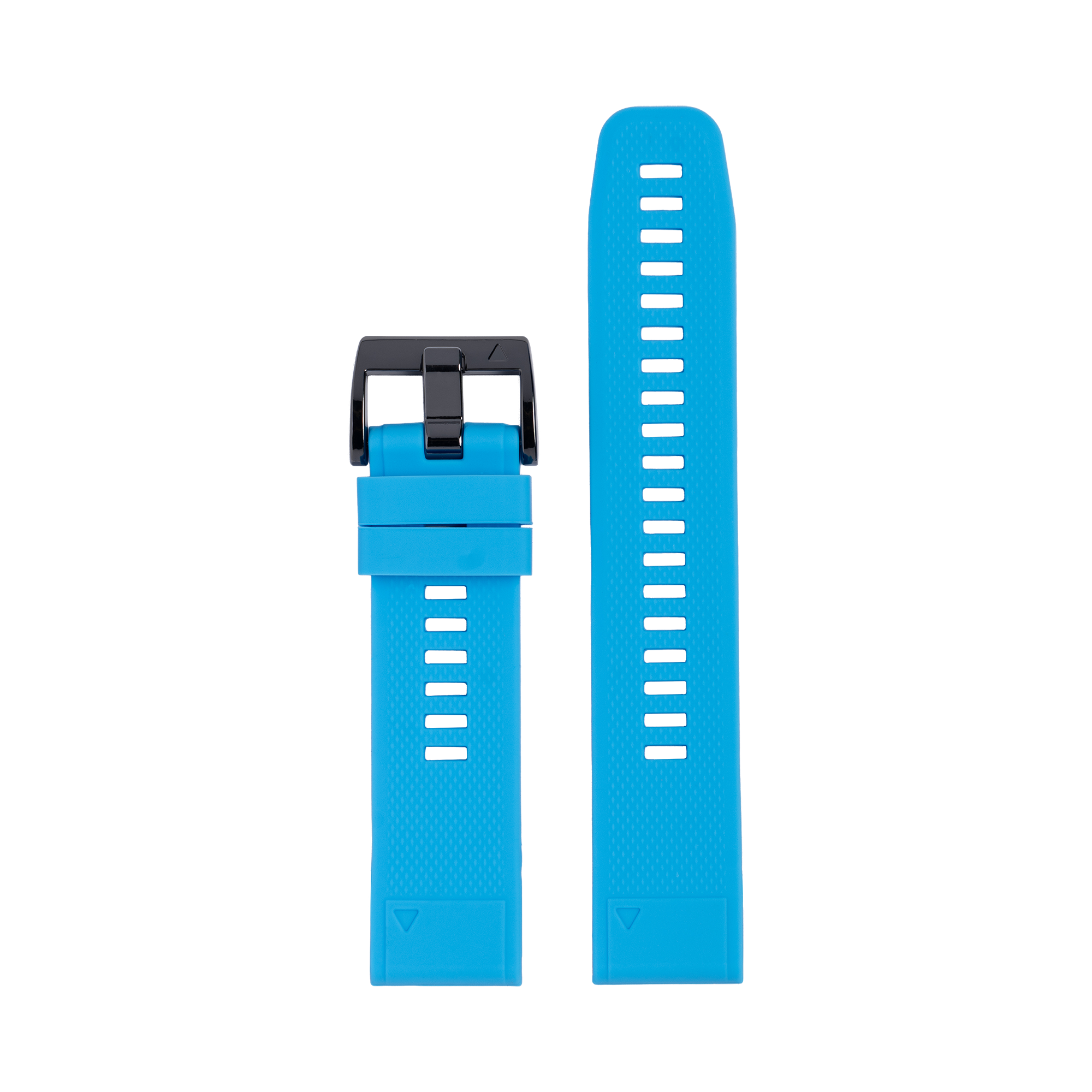 Bright blue silicone watch band with white sport holes and black quick-release buckle clasp system