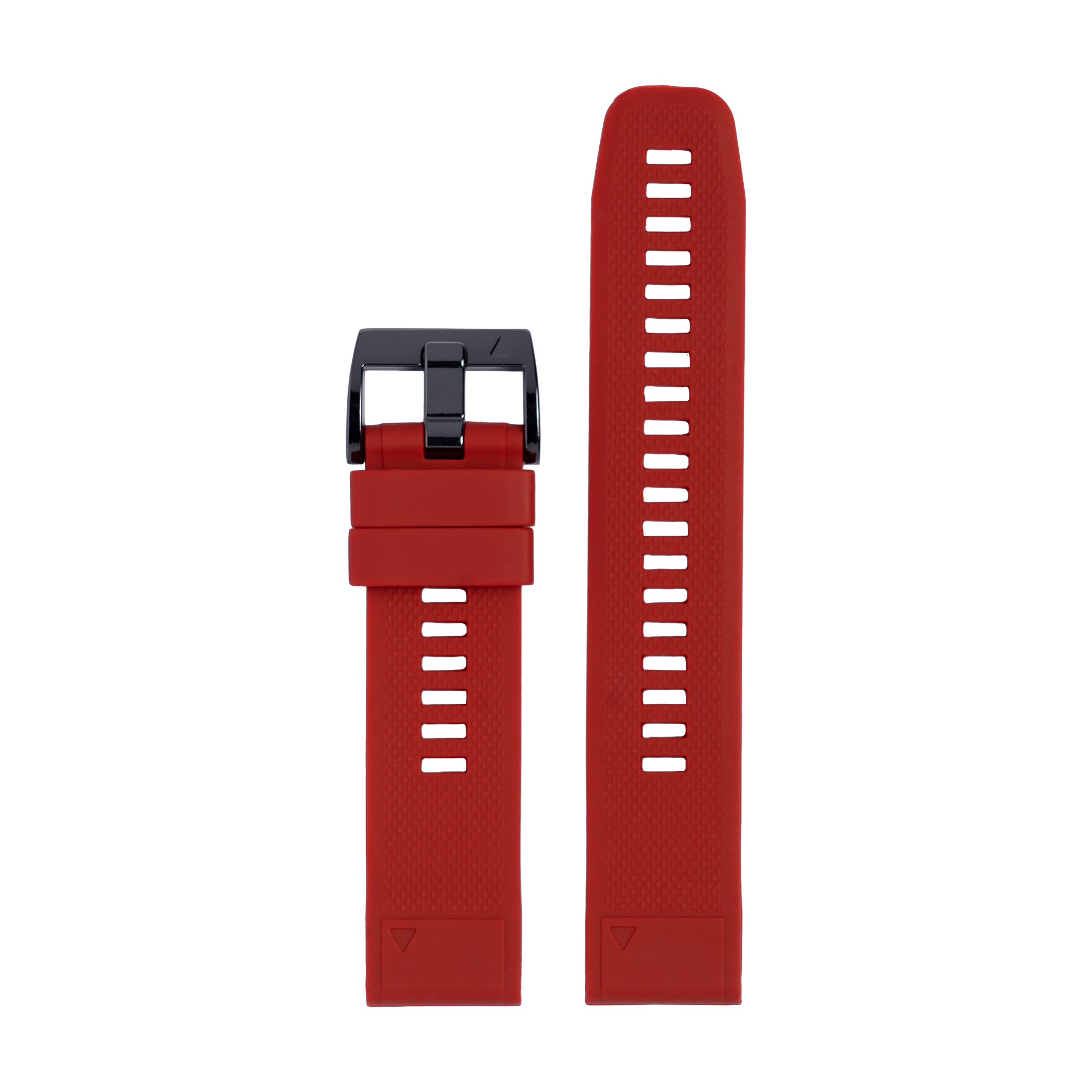 Red silicone watch band with white dash marks and black buckle, QuickFit flexi strap replacement