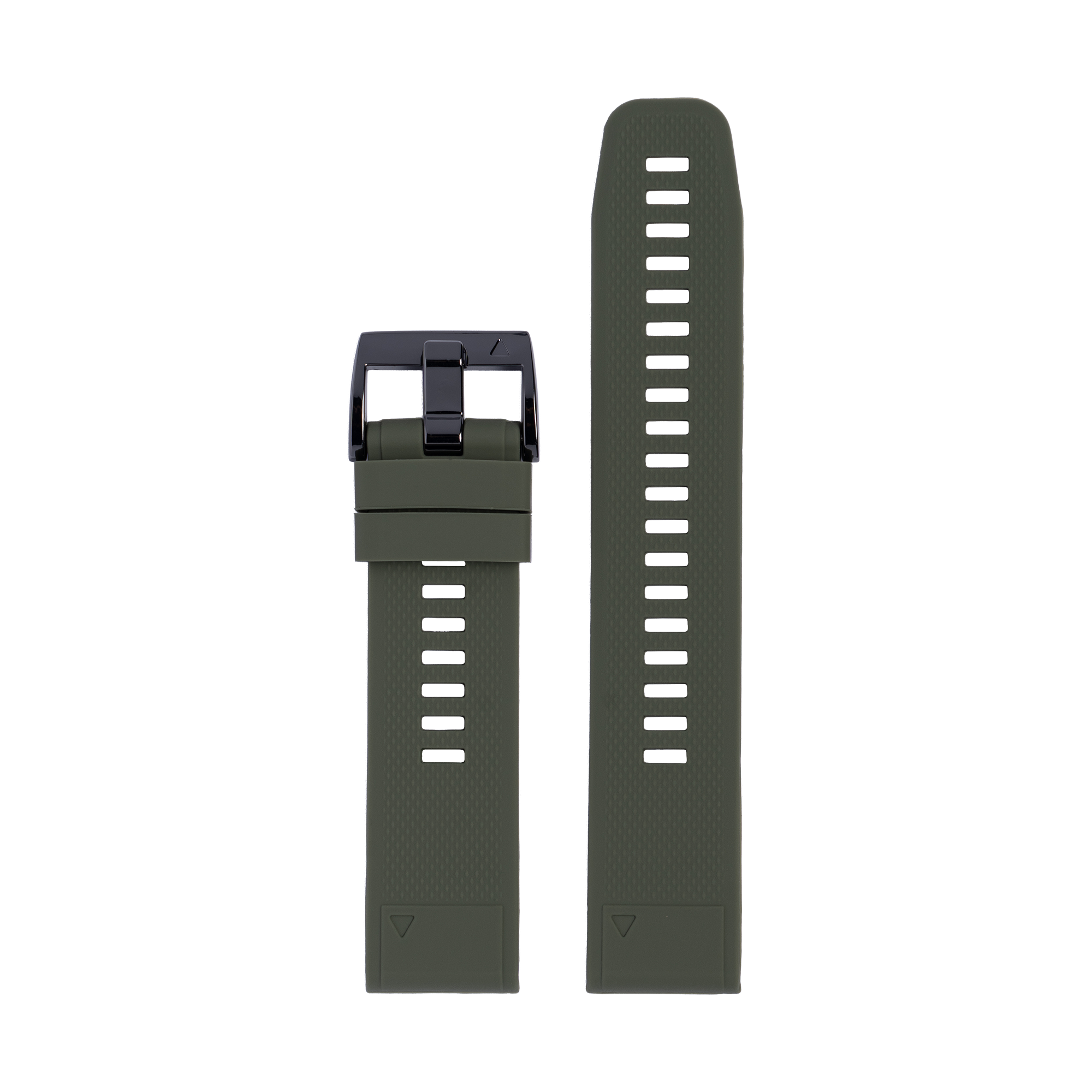 Olive green silicone watch band with white dash markings and black quick-release buckle clasp