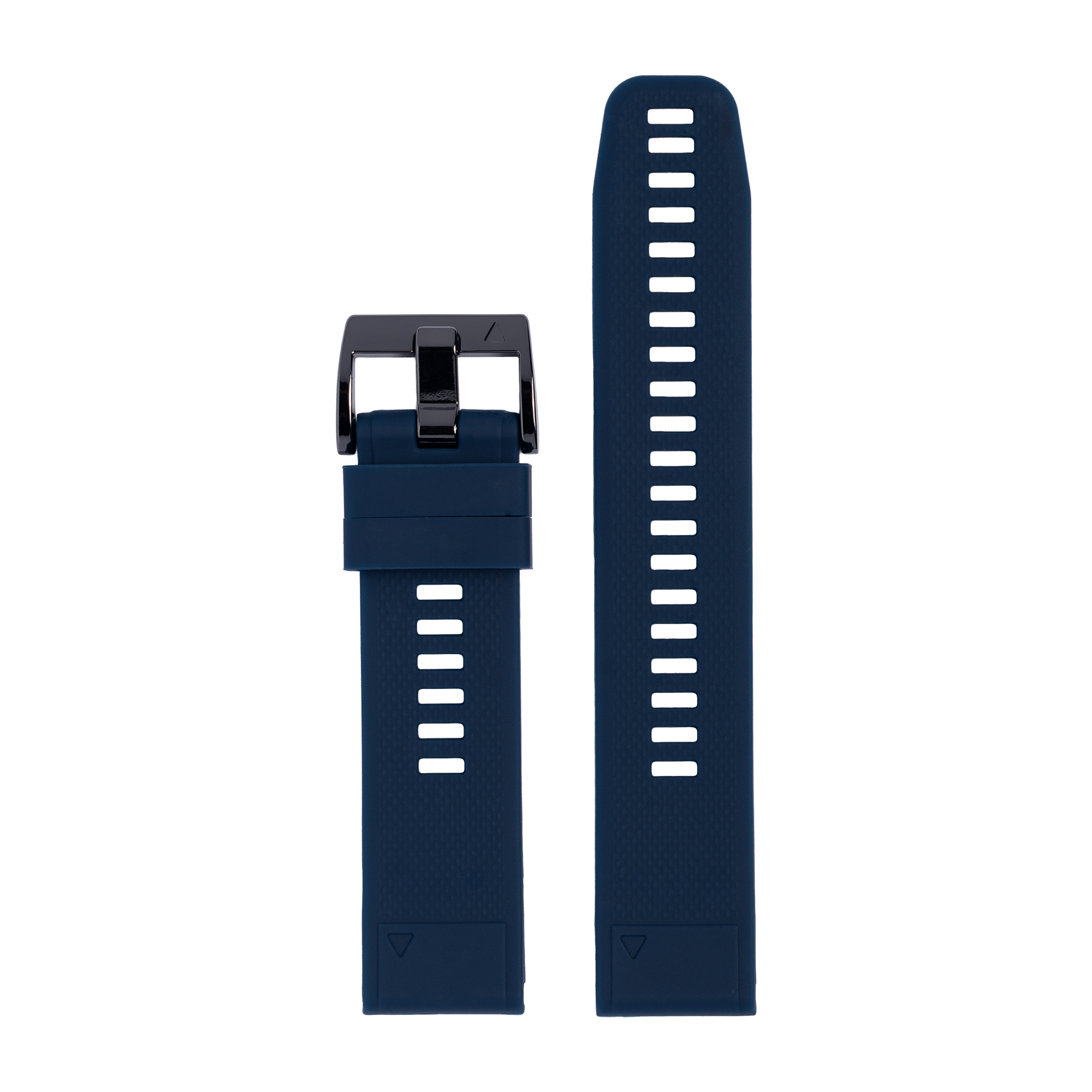 Navy blue silicone watch band with white perforated holes and black buckle clasp for sports watches