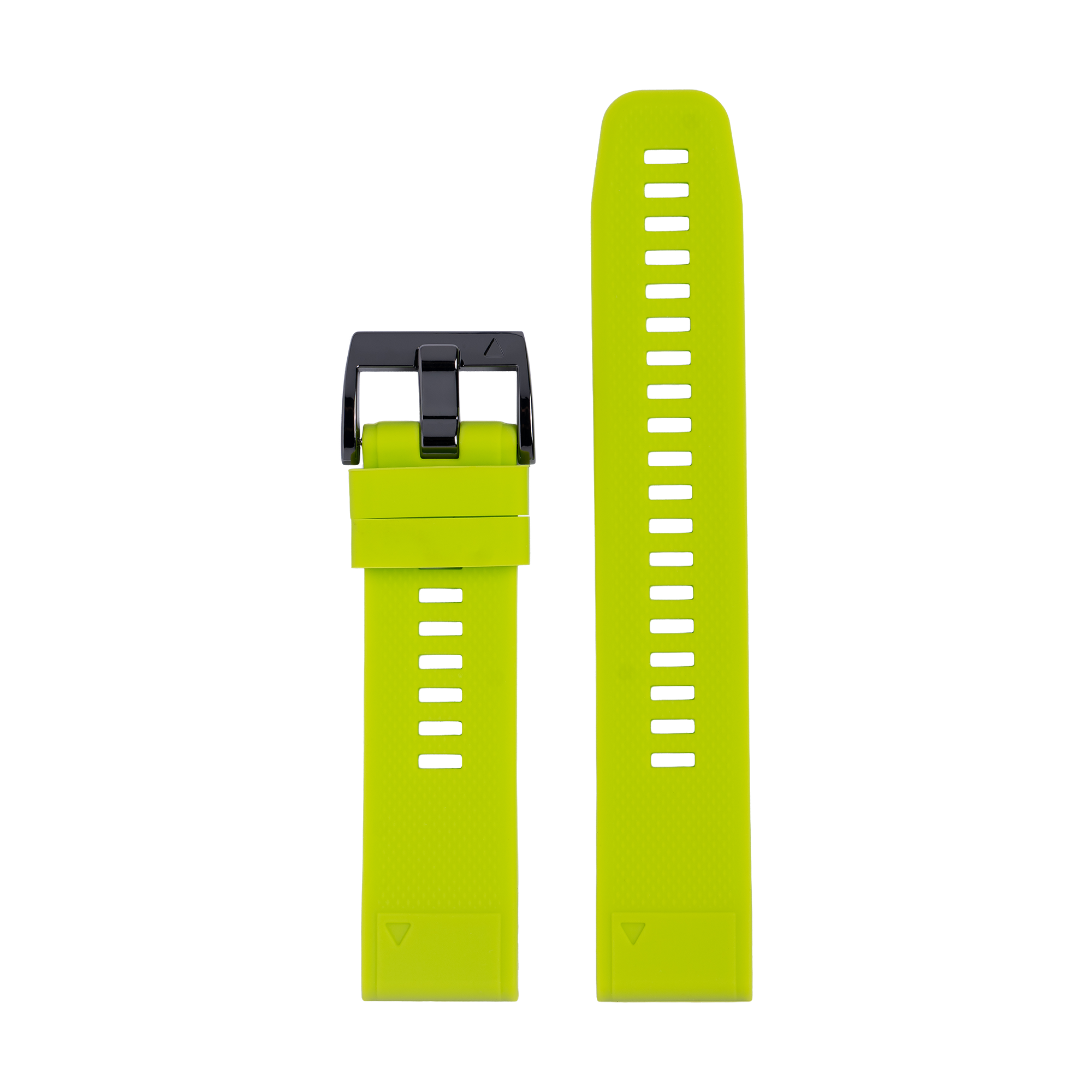 Neon yellow silicone watch band with white ventilation holes and black buckle clasp connector