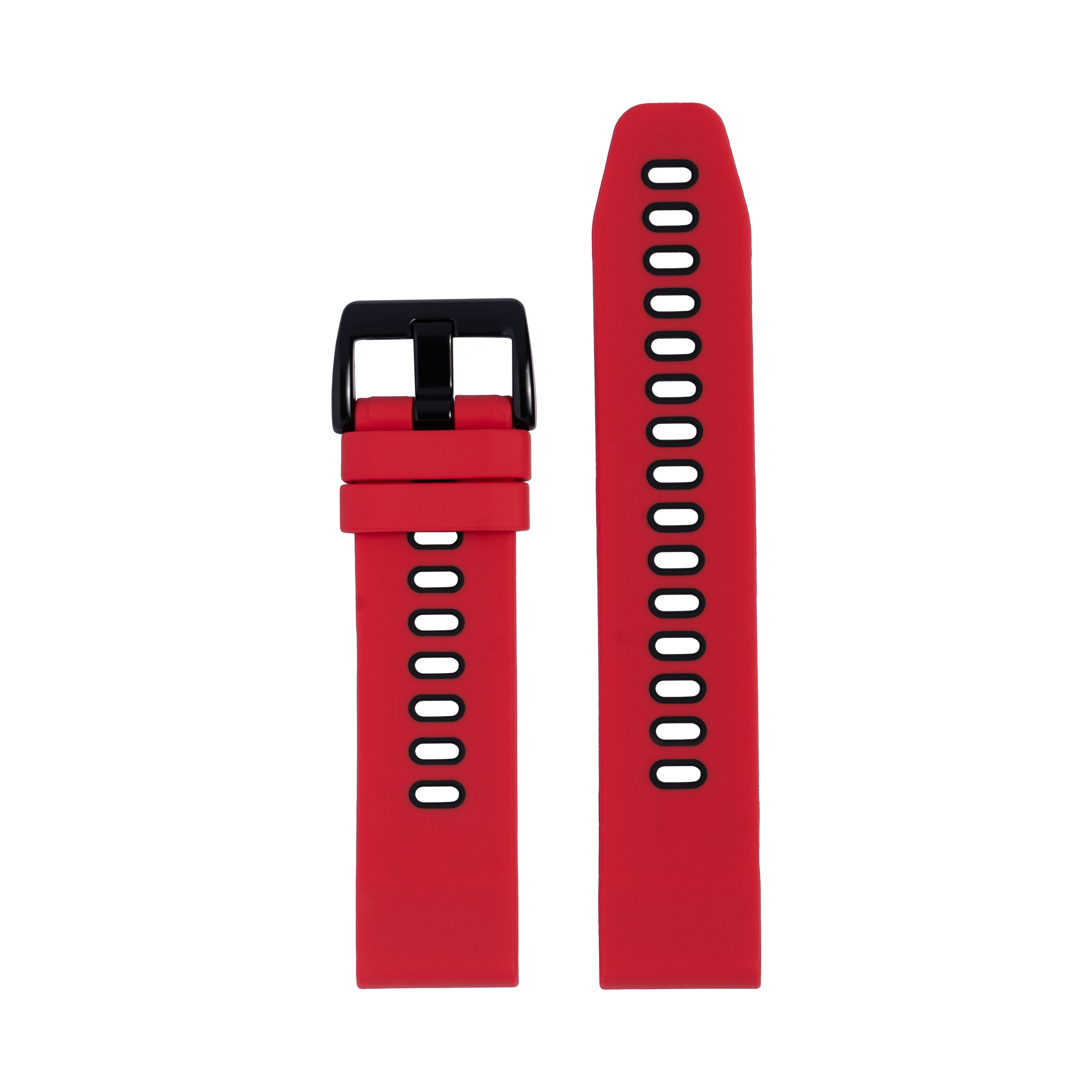 Red silicone watch band with black buckle and ventilation holes, QuickFit compatible strap