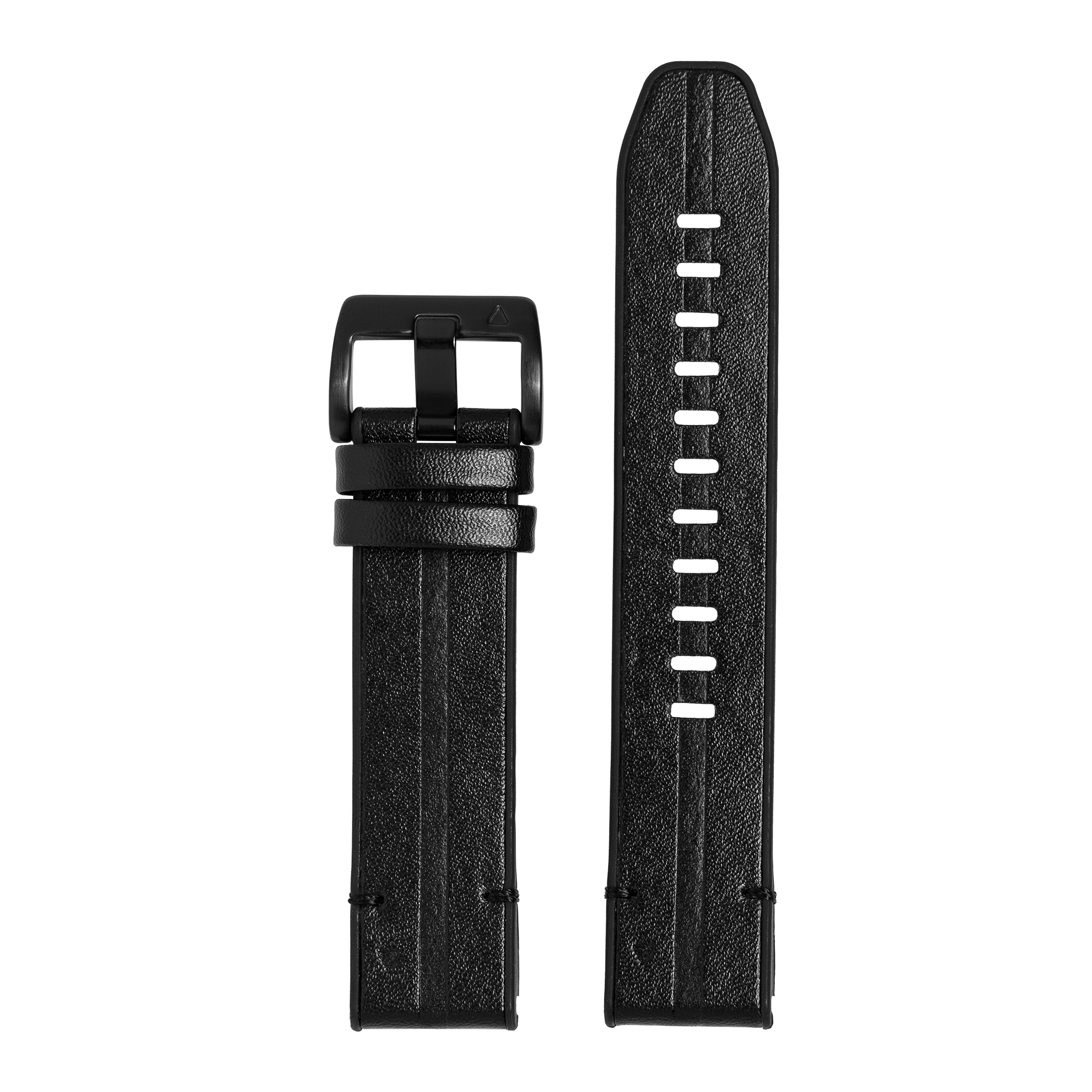 Black leather hybrid watch strap with quick fit system, black buckle and white stitching detail