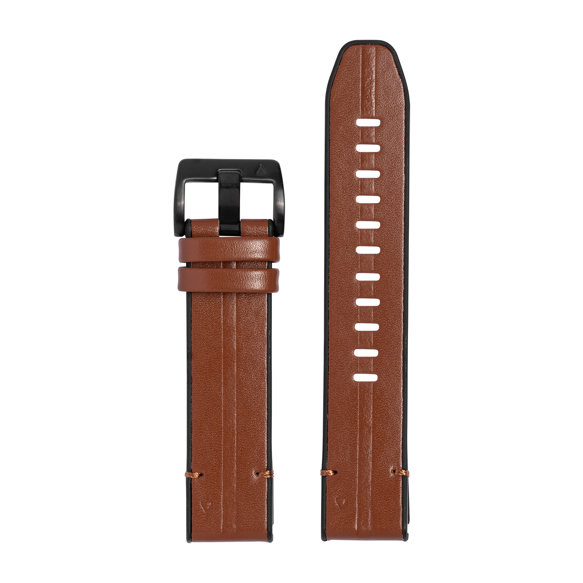 Brown leather hybrid watch band with black buckle and white stitching, QuickFit compatible replacement strap