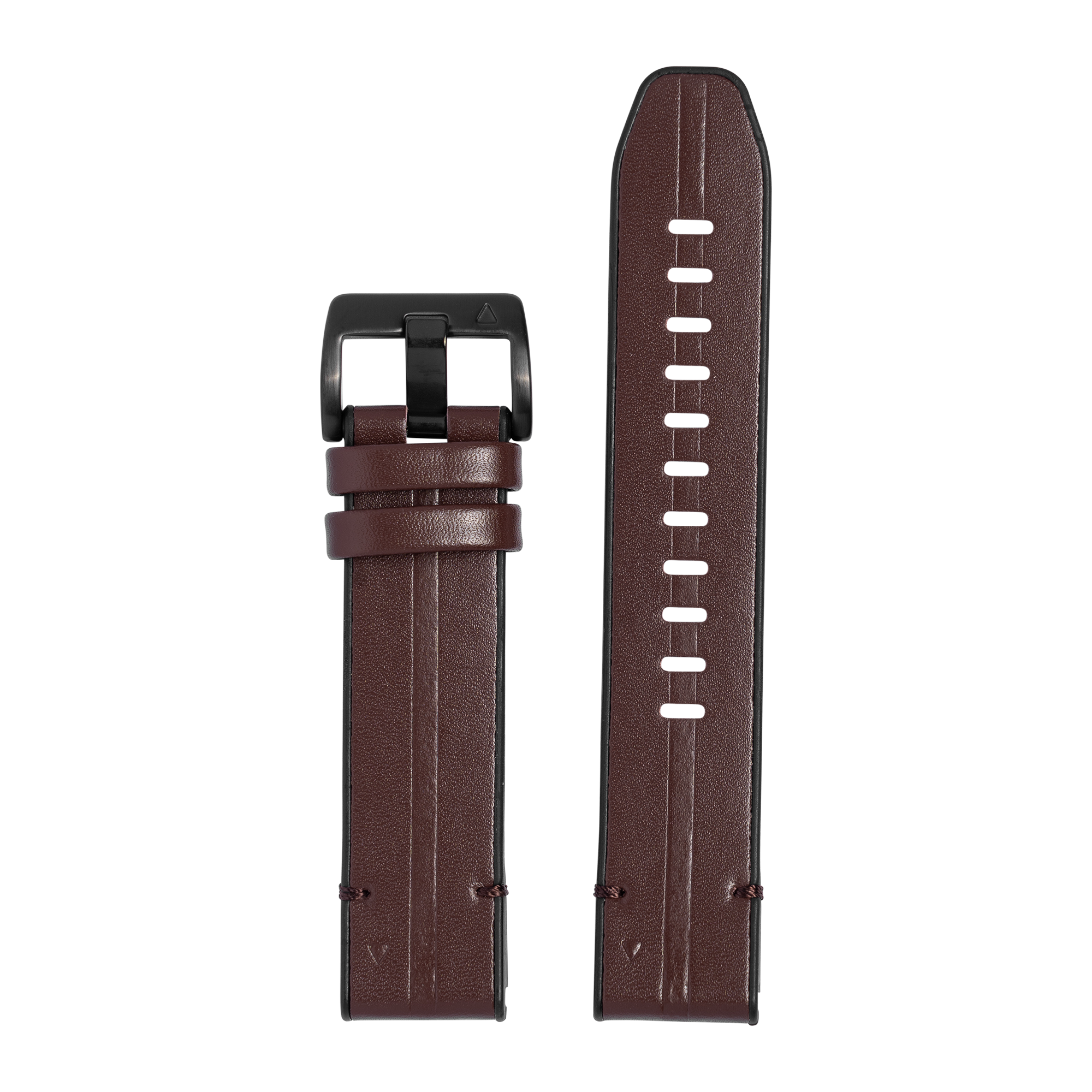 Dark brown leather hybrid watch strap with white stitching and black buckle, displayed flat front and back