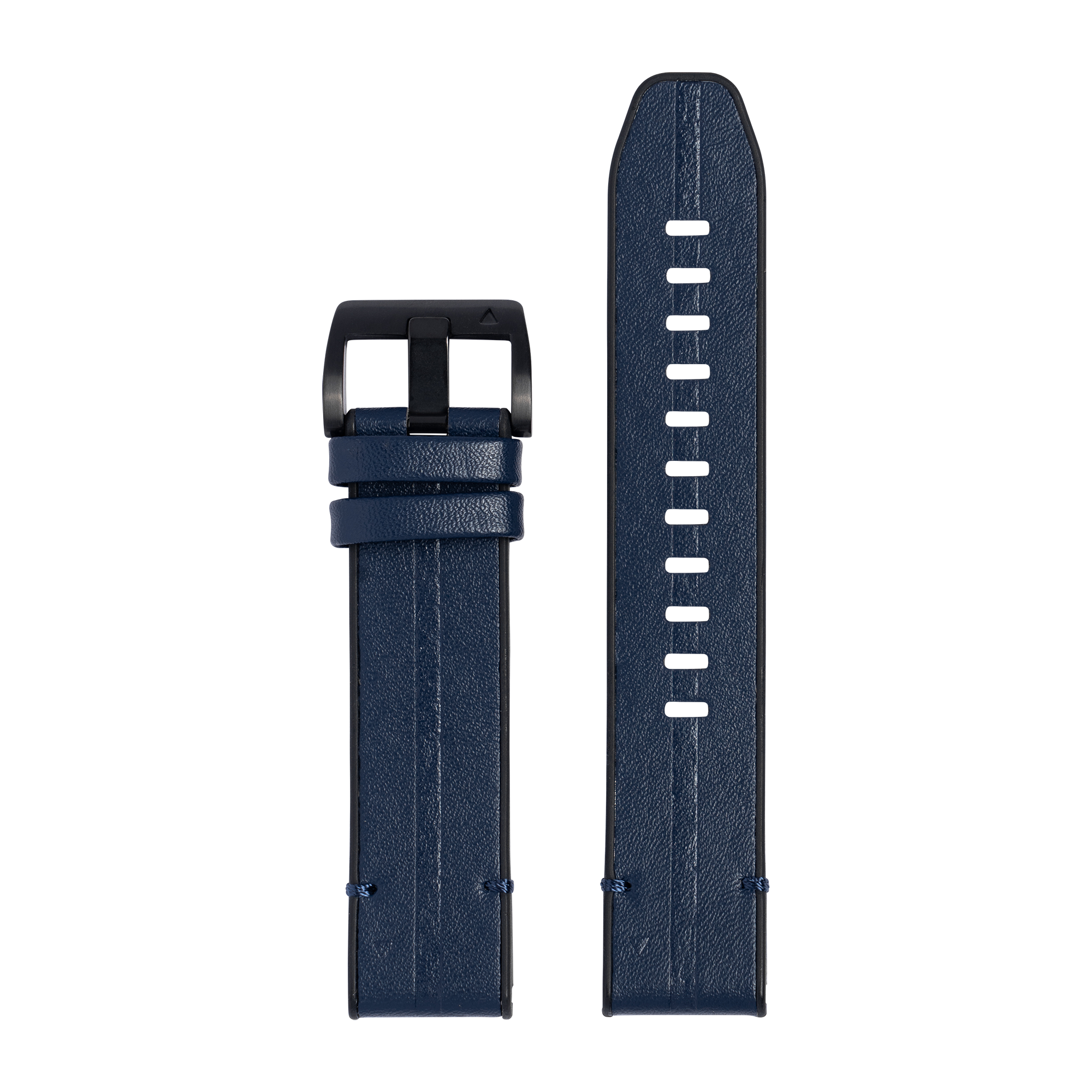 Navy blue leather hybrid watch strap with black buckle and white stitching, QuickFit compatible