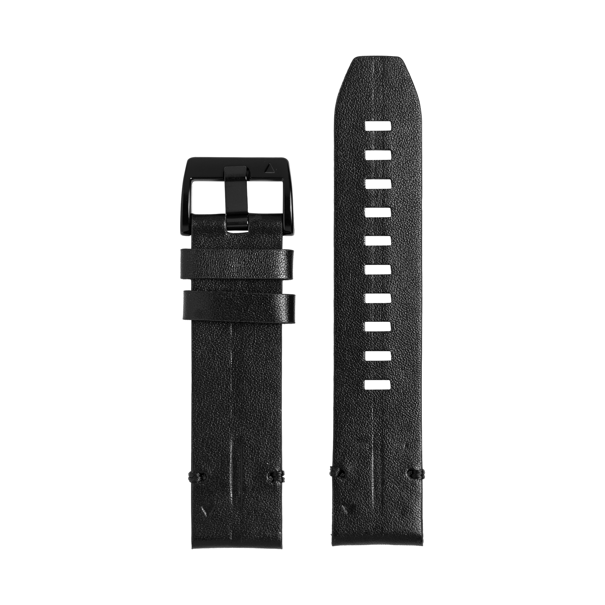 Black leather watch band with quick-fit system, featuring white stitch detail and adjustable black buckle clasp