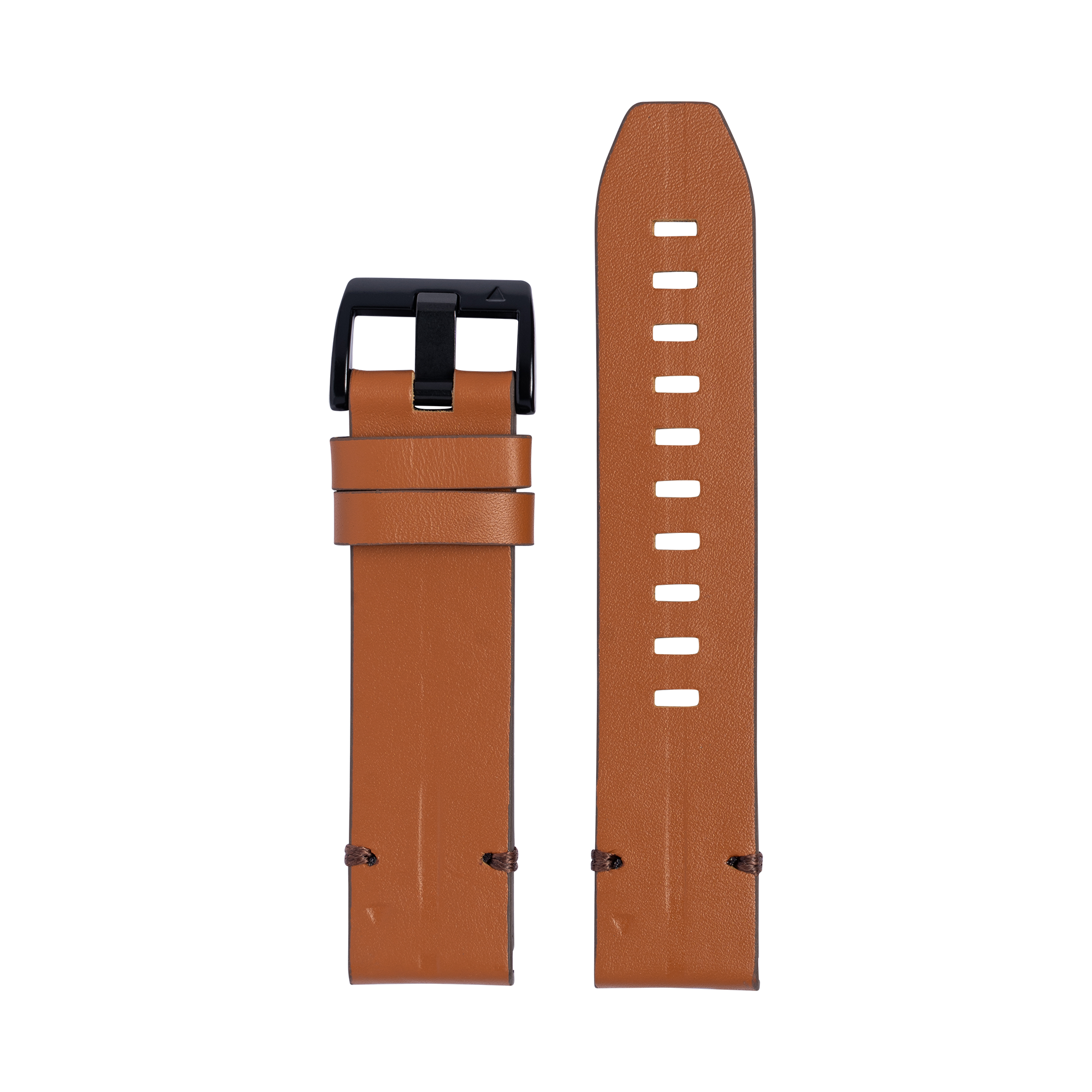 Tan leather watch strap with black buckle and white stitching holes, shown front and back view