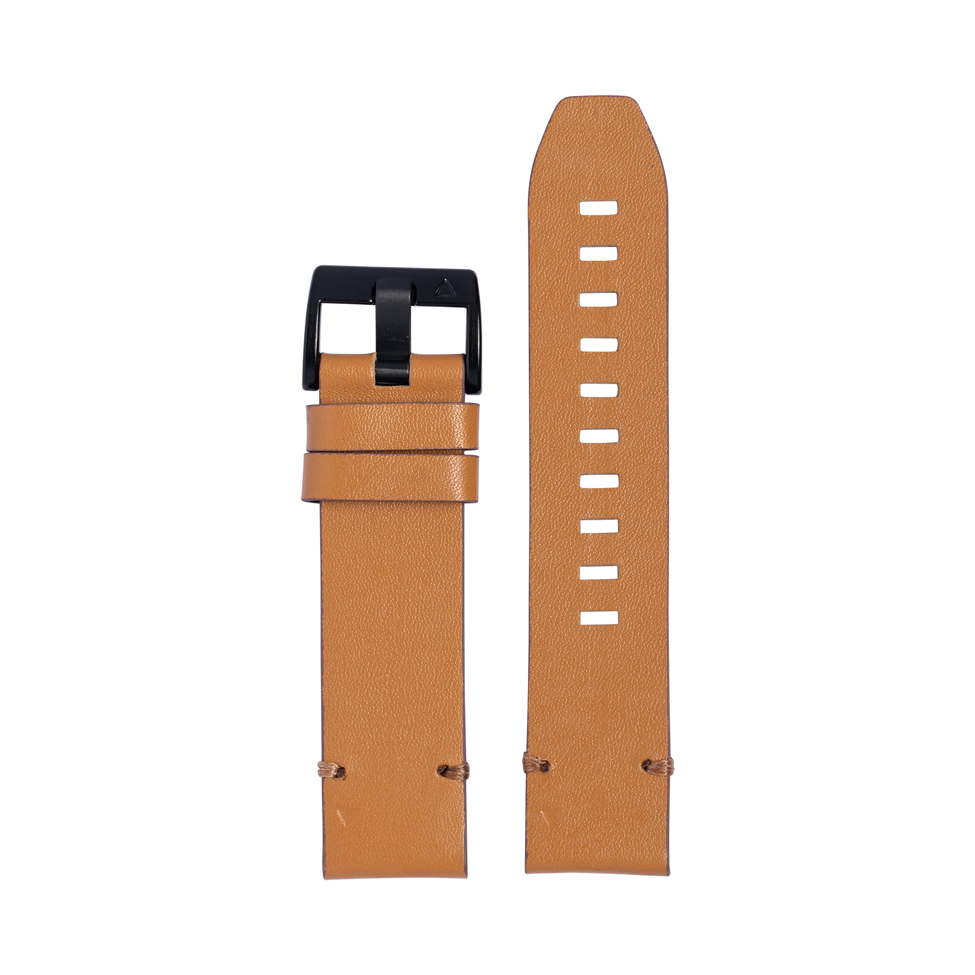 Brown leather watch band with black buckle and white stitching holes