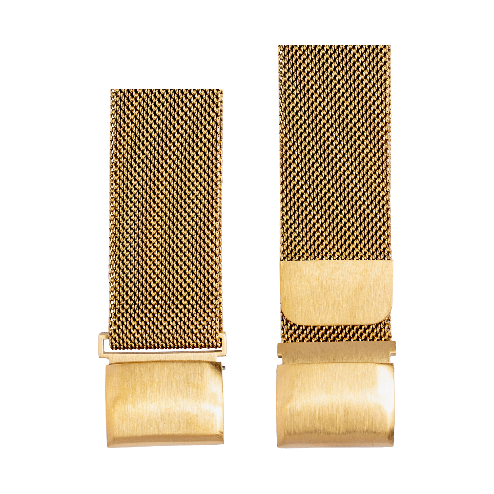 Gold Milanese mesh watch bands in two sizes with brushed gold buckle closures