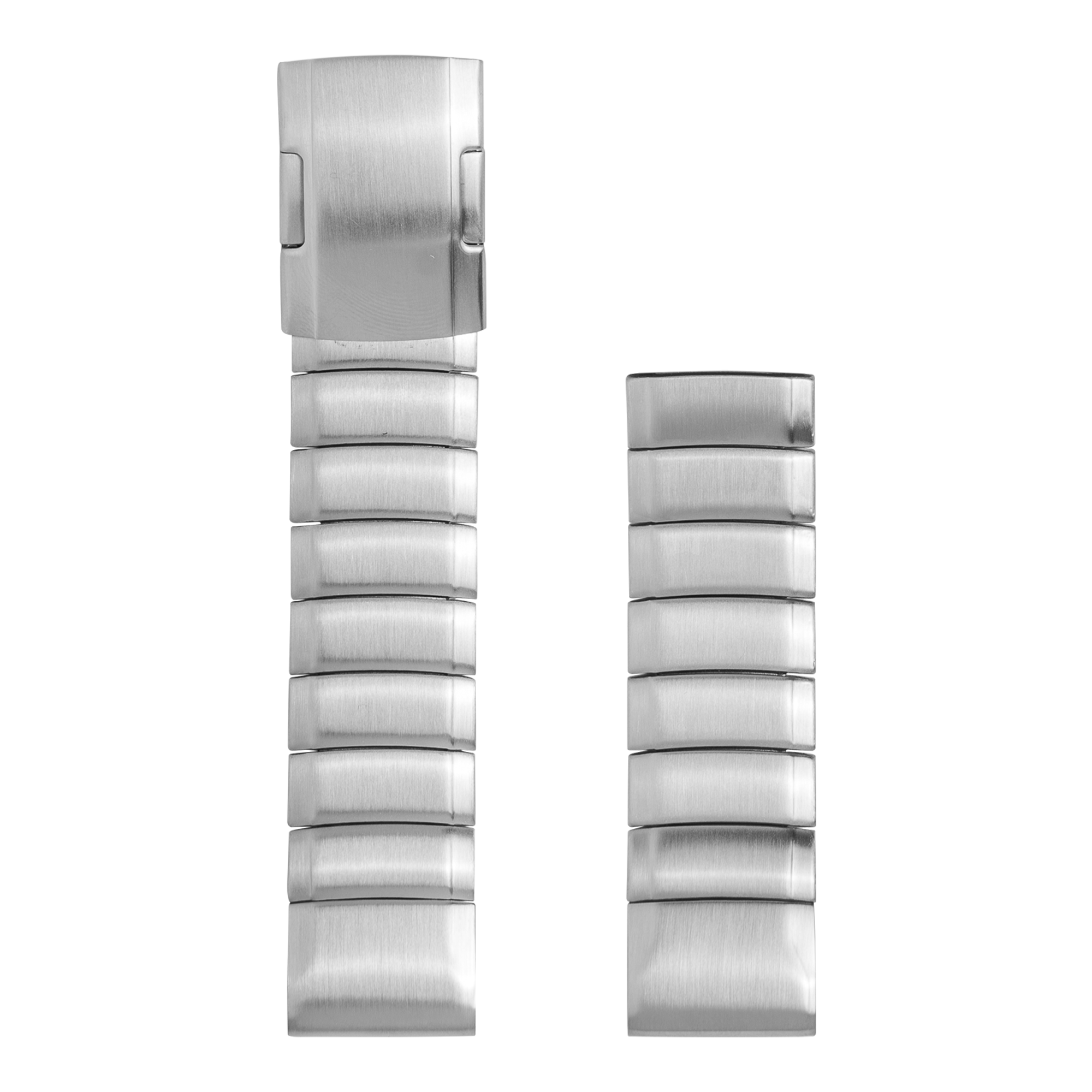 Silver stainless steel link bracelet with quick-release connector and segmented band design