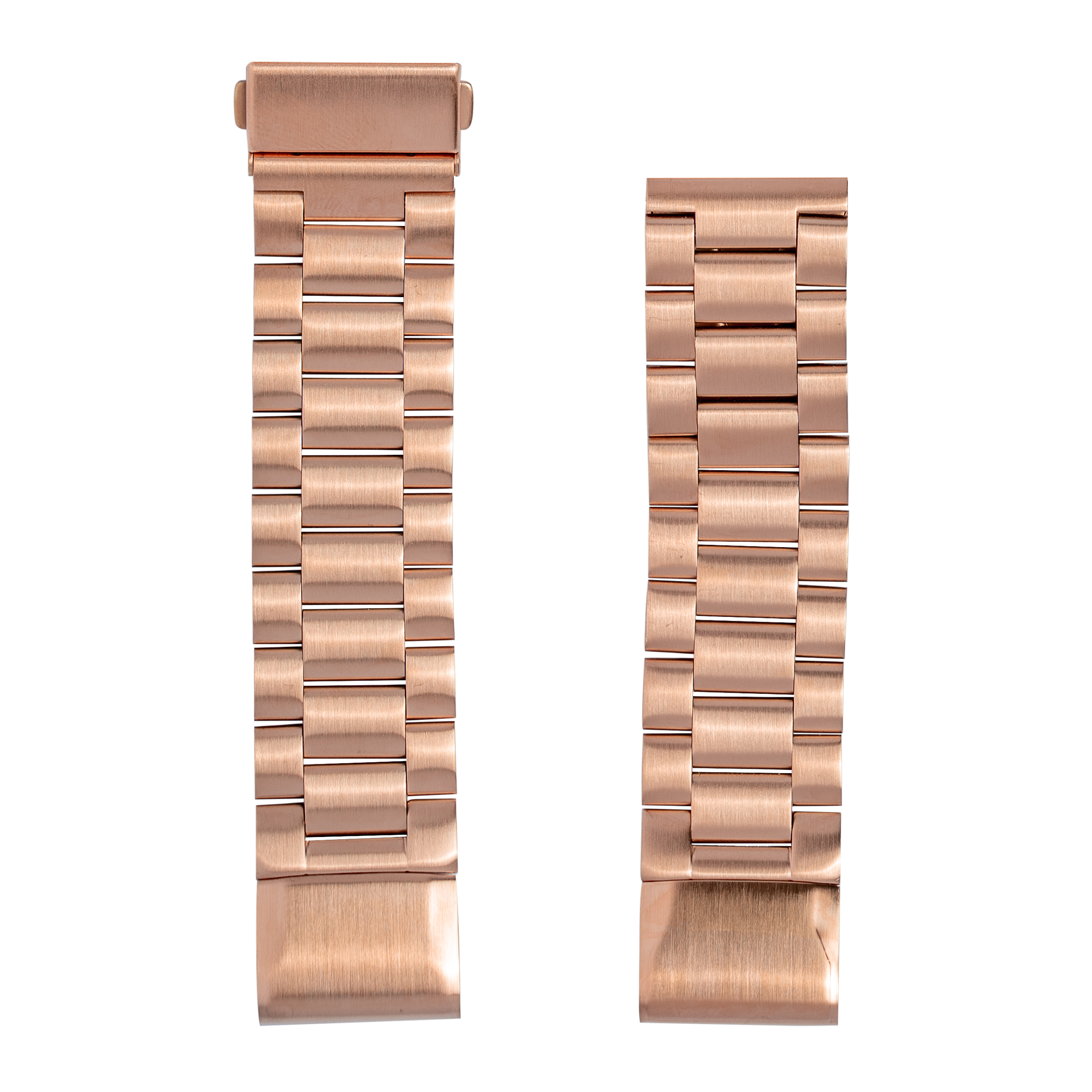 Rose gold stainless steel quick-fit watch bracelet with brushed metal links and secure clasp closure
