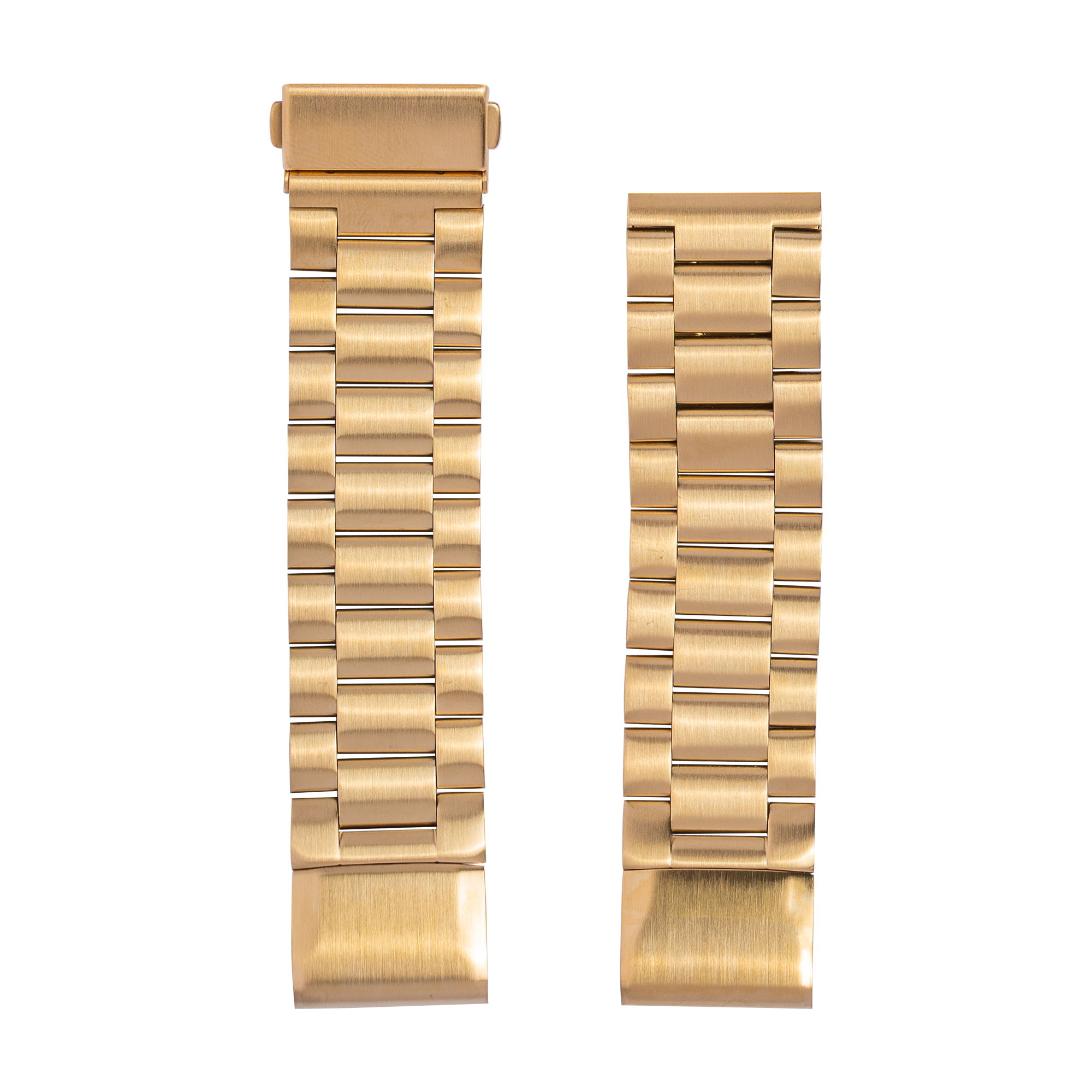 Gold brushed steel watch bracelet with quick-release links and deployment clasp