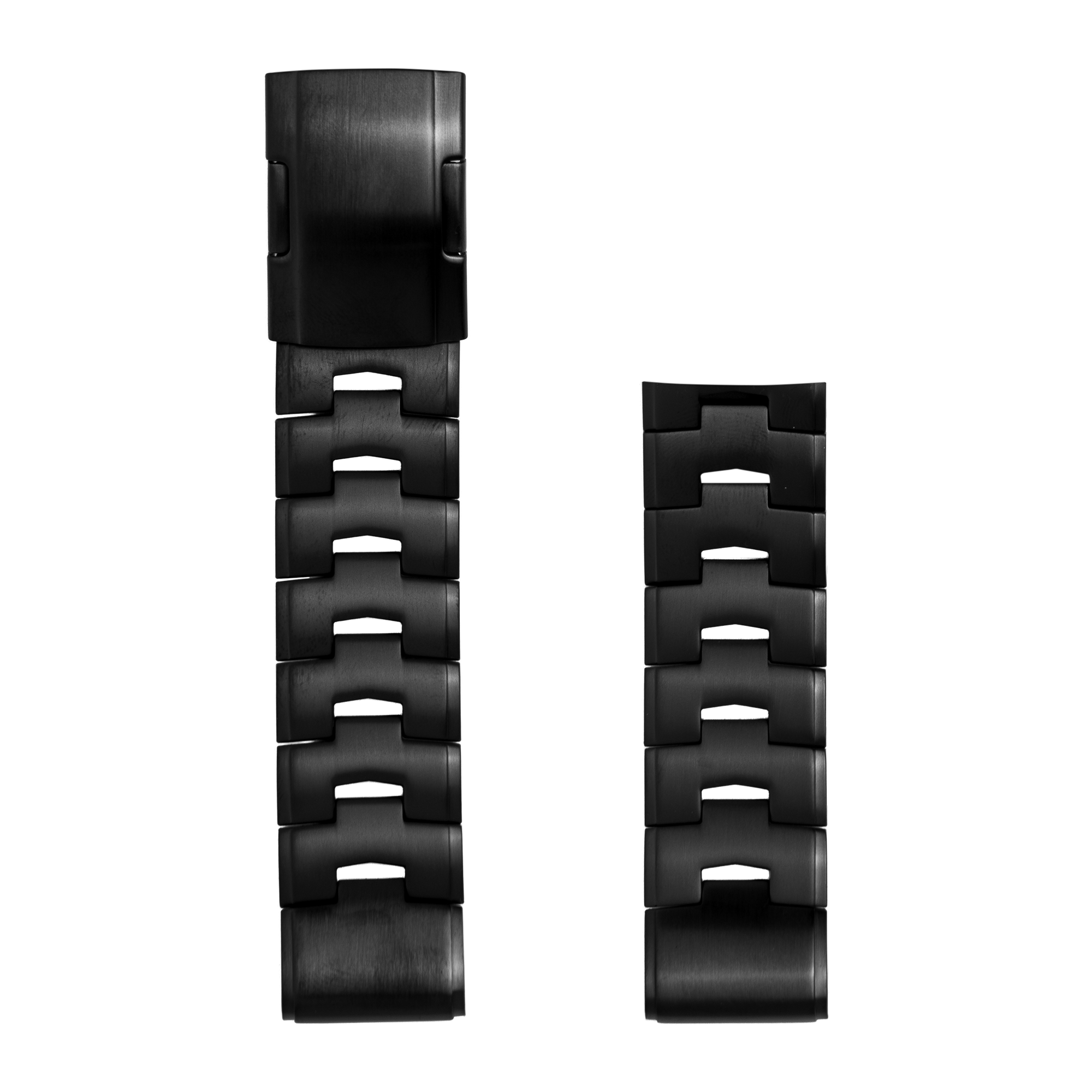 Black titanium QuickFit bracelet links shown in two lengths with curved segments and quick-release fastener