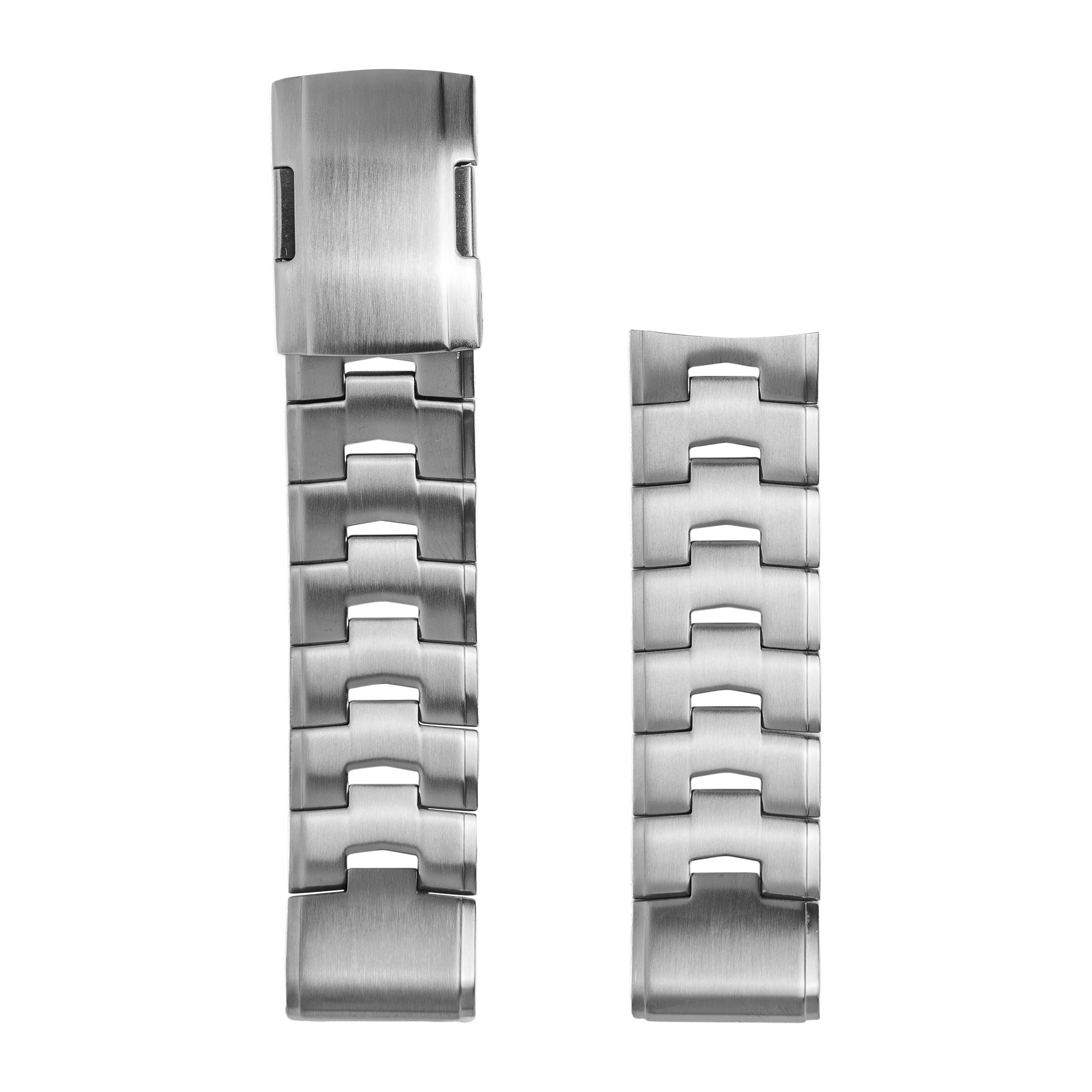 Brushed titanium QuickFit bracelet with segmented links and fold-over clasp, shown in two sizes side by side
