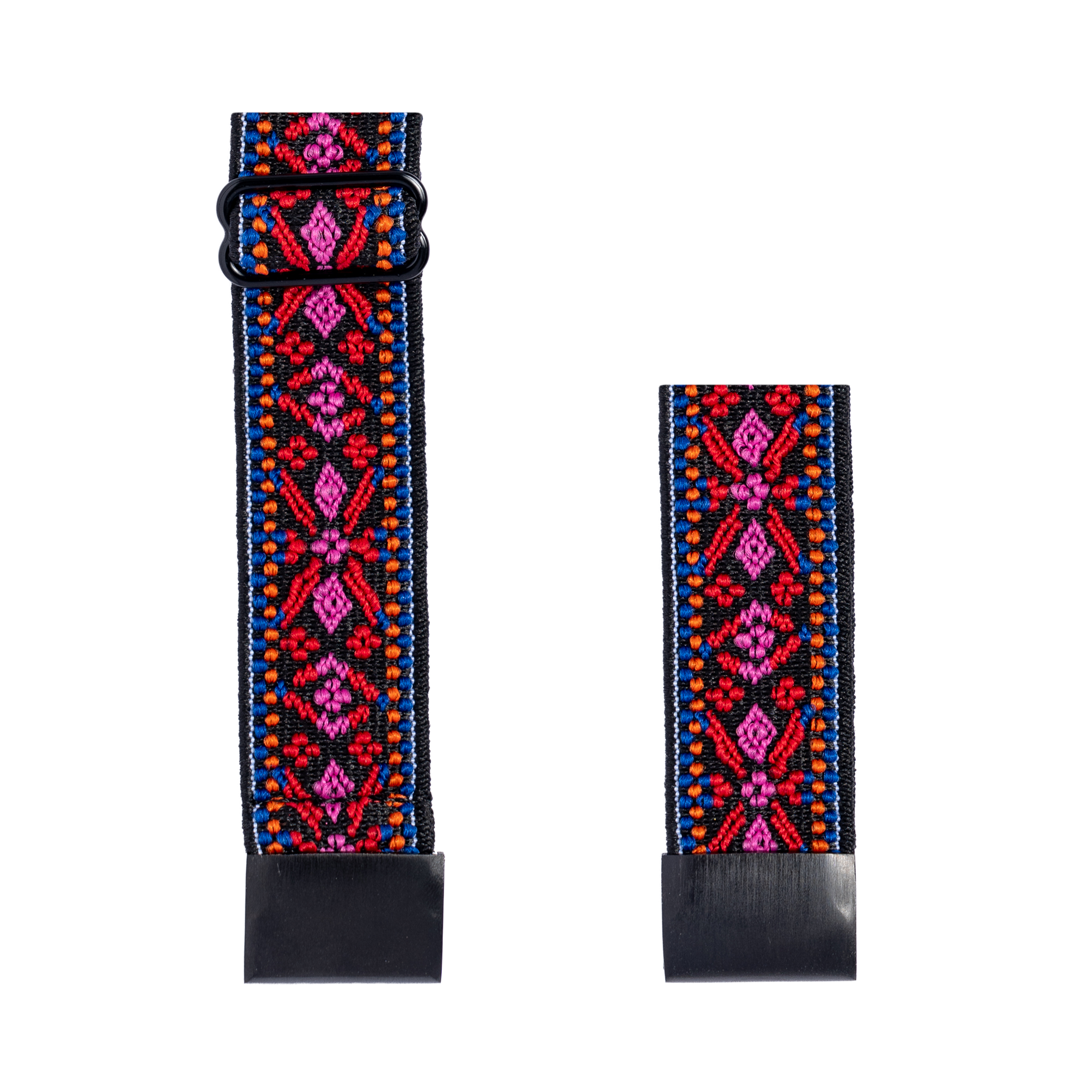 Colorful embroidered fabric watch straps with geometric diamond patterns in pink, red, blue and orange on black band with quick-release metal hardware