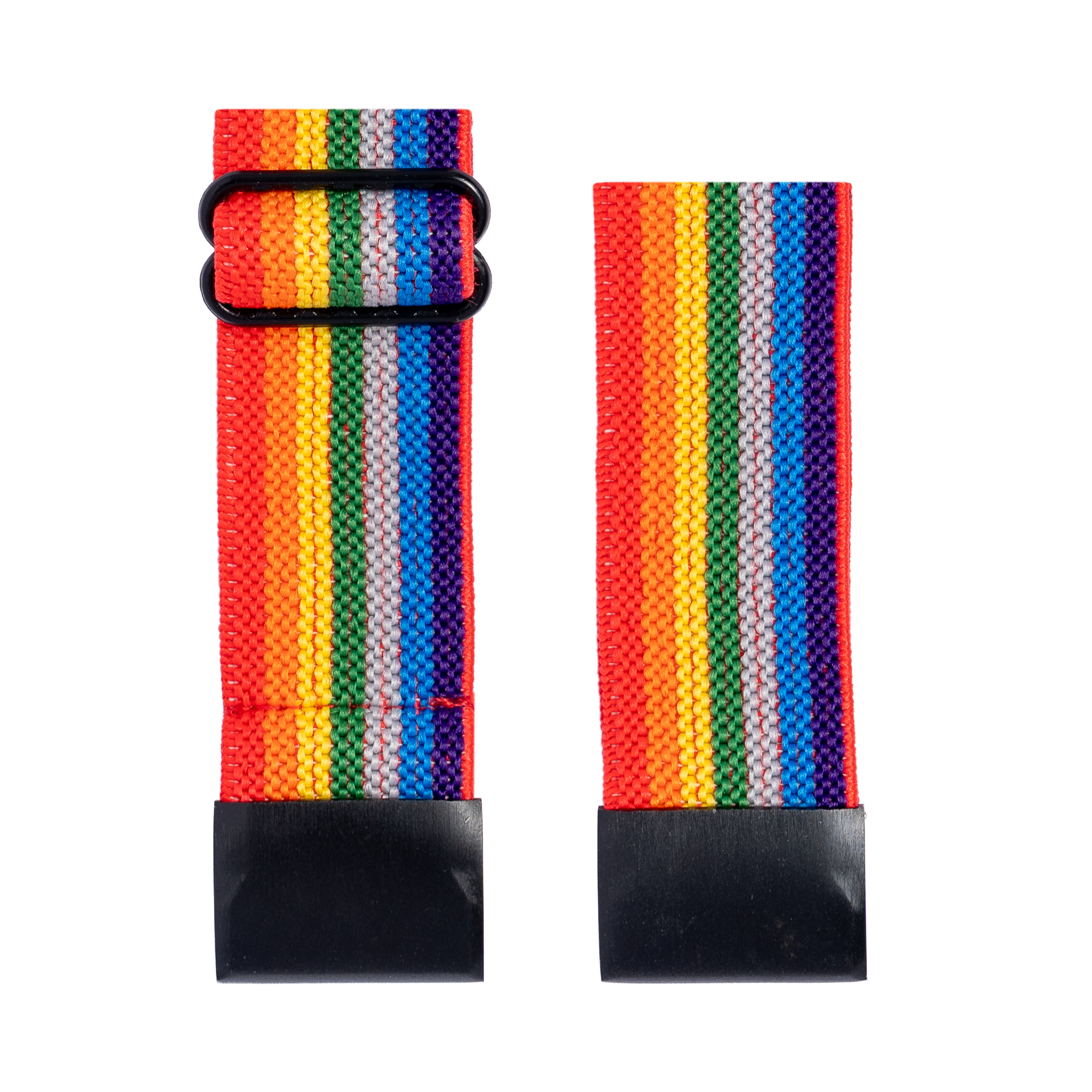 Rainbow striped fabric watch band with black plastic buckle and end tabs for quick fit fastening